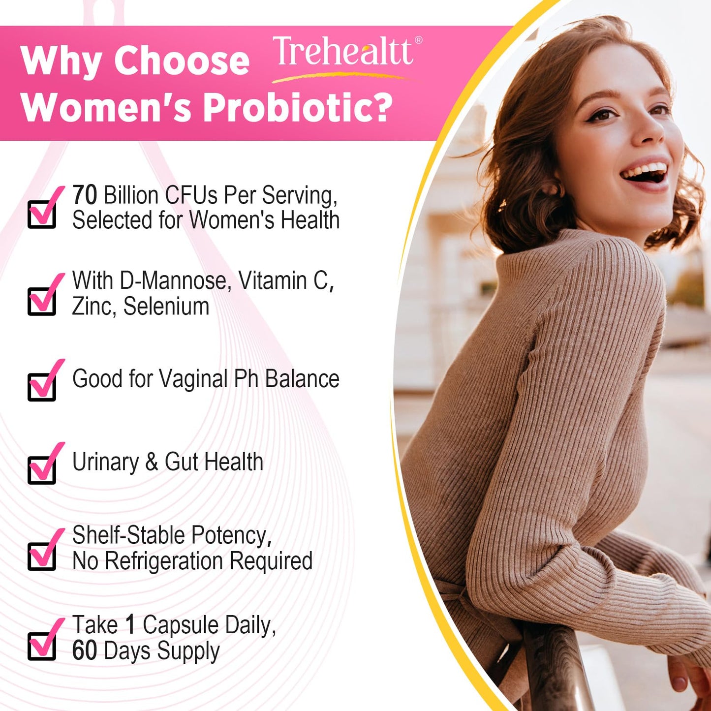 Trehealtt 70 Billion CFUs Vaginal Probiotics โ 60 Days Supply, pH Balance, D-Mannose, GMO-Free