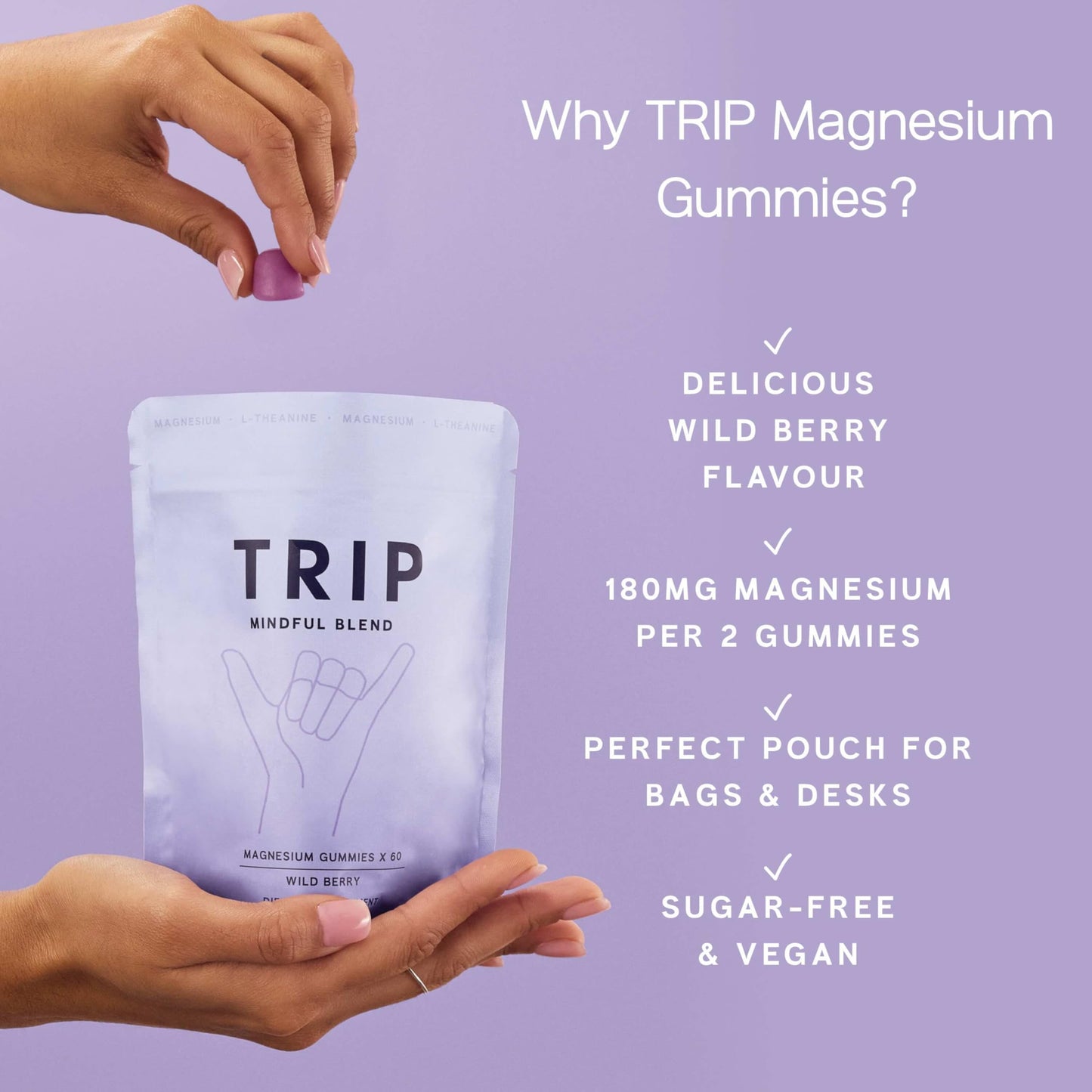 TRIP Magnesium Citrate Gummies with L-Theanine โ Sugar Free, Vegan, 180mg per Serving, Wild Berry, 60 Count