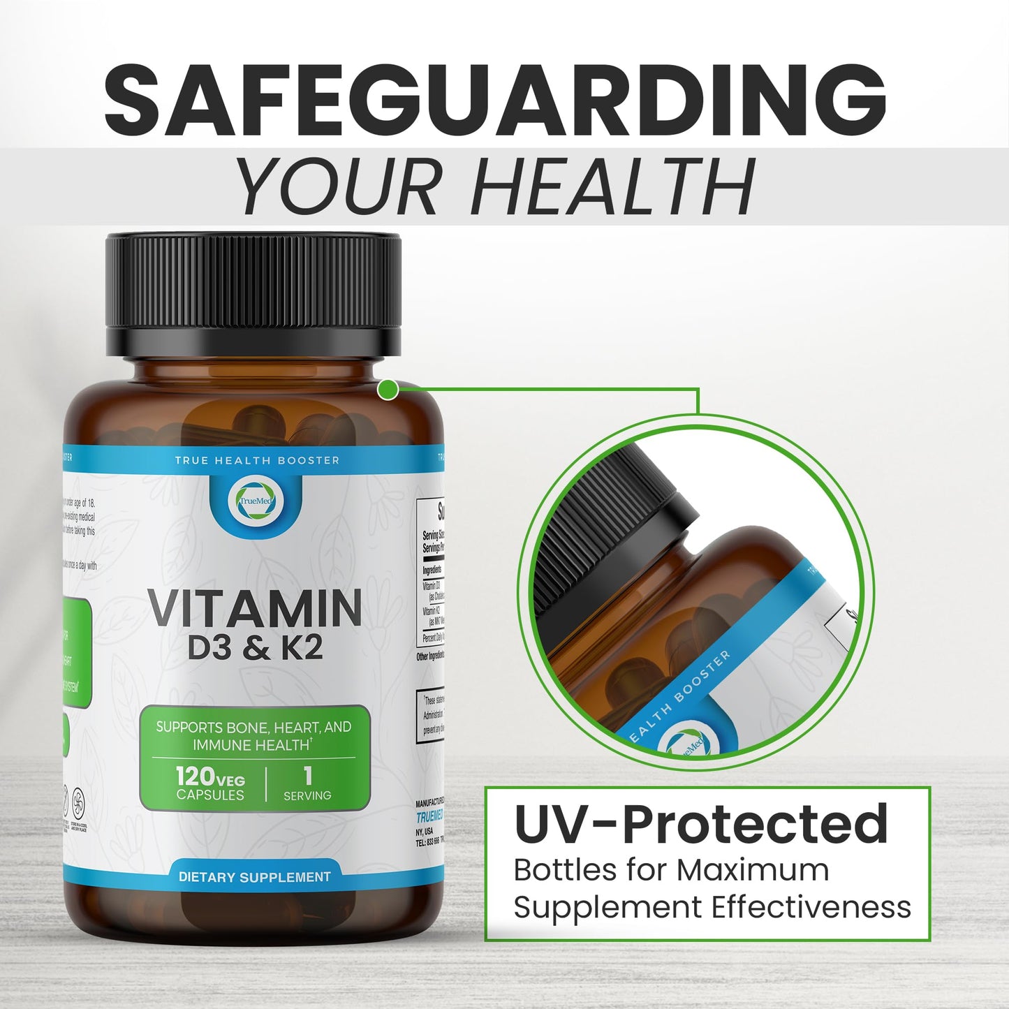 TRUEMED Vitamin D3 & K2 Supplement β 5000 IU D3 + 90 mcg K2 MK7 | 120 Veggie Capsules