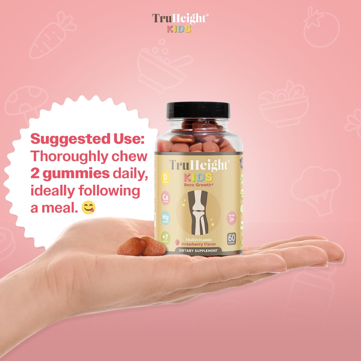 TruHeight Kids Bone Growth Gummies โ Strawberry (Ages 2+) D3, K2, Calcium