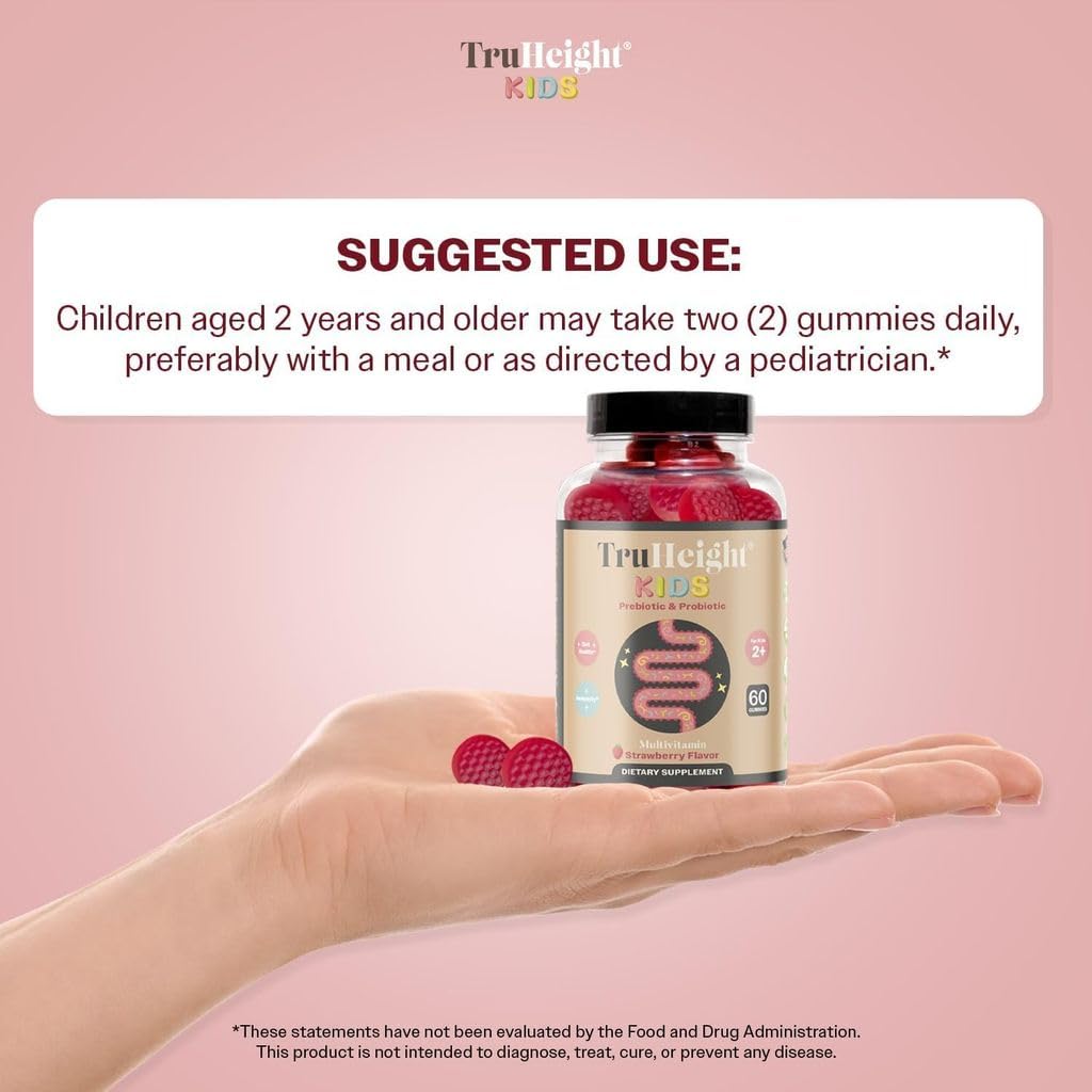 TruHeight Kids Prebiotic & Probiotic Gummies โ Strawberry Flavor | 2+ Years Gut Health & Digestive Support