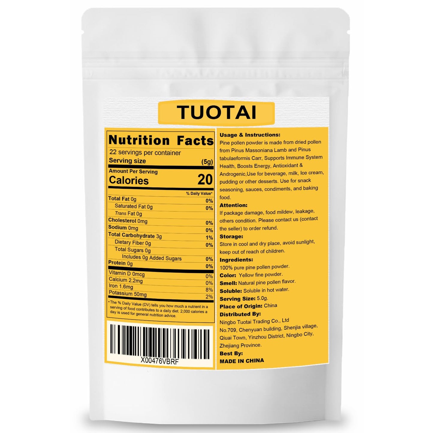 TUOTAI Premium Pine Pollen Powder โ 100% Natural, No GMO, No Additives, Vegan
