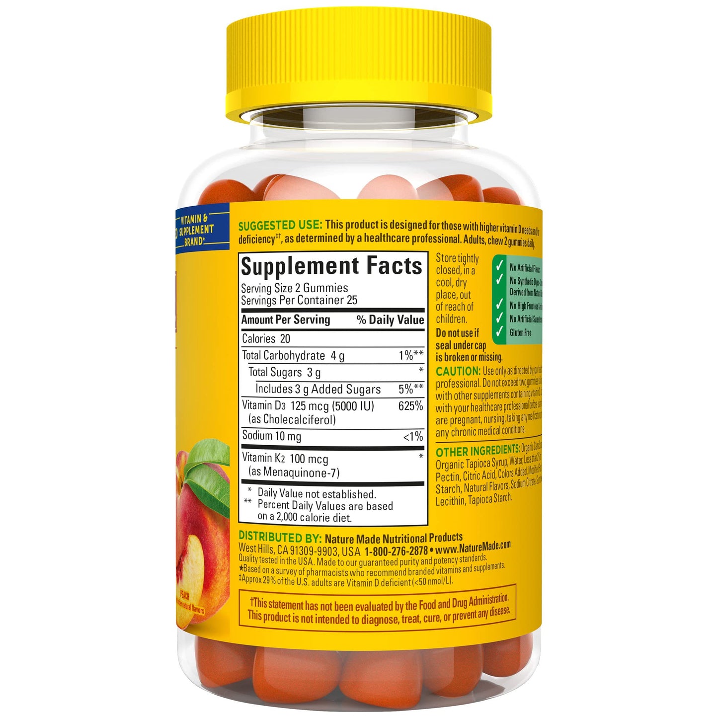 Nature Made Vitamin D3 + K2 Gummies โ 5000 IU D3 per Serving, 50-Count Peach