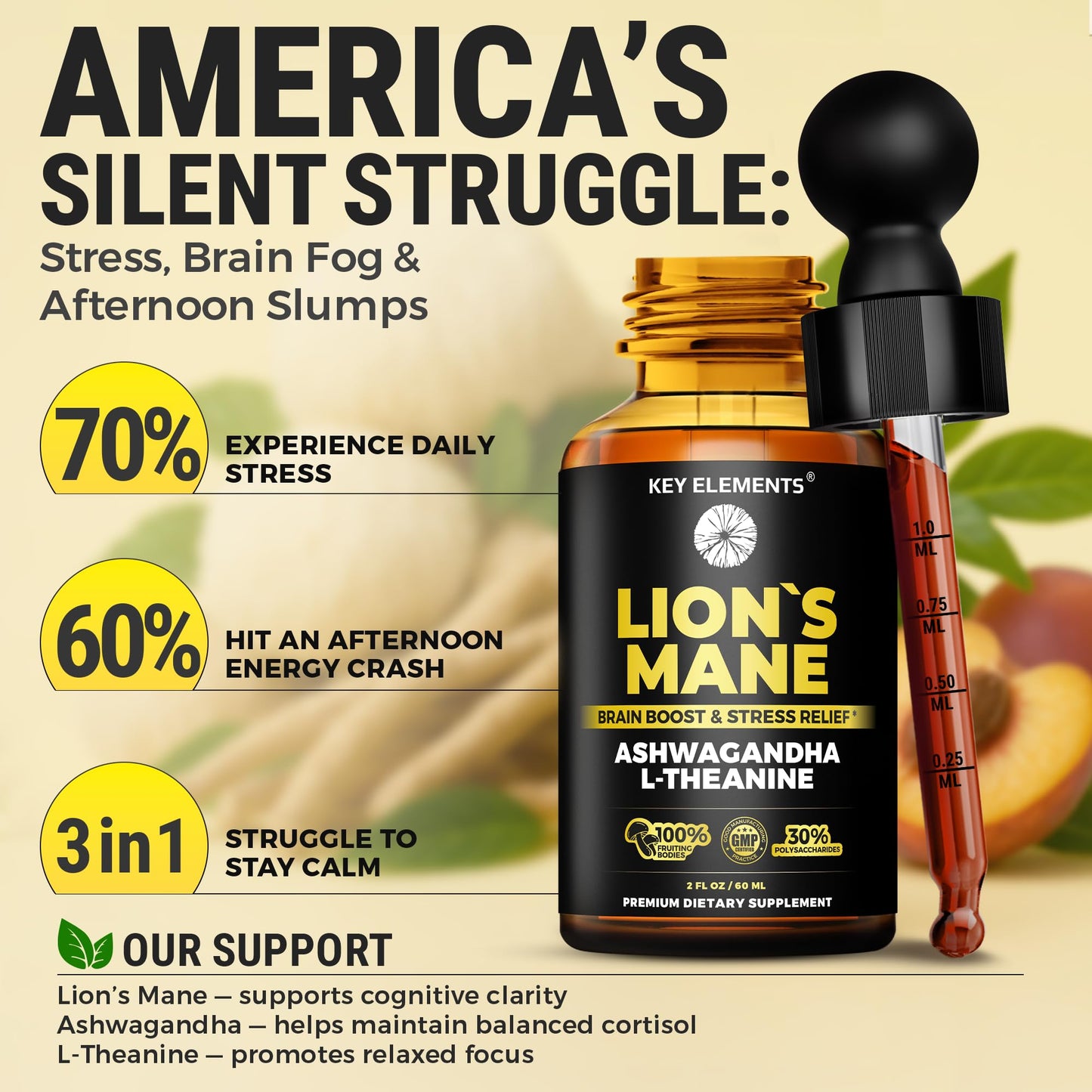 KEY ELEMENTS Lions Mane Extract for Memory, Focus & Brain Health β Tincture with Ashwagandha & L-Theanine