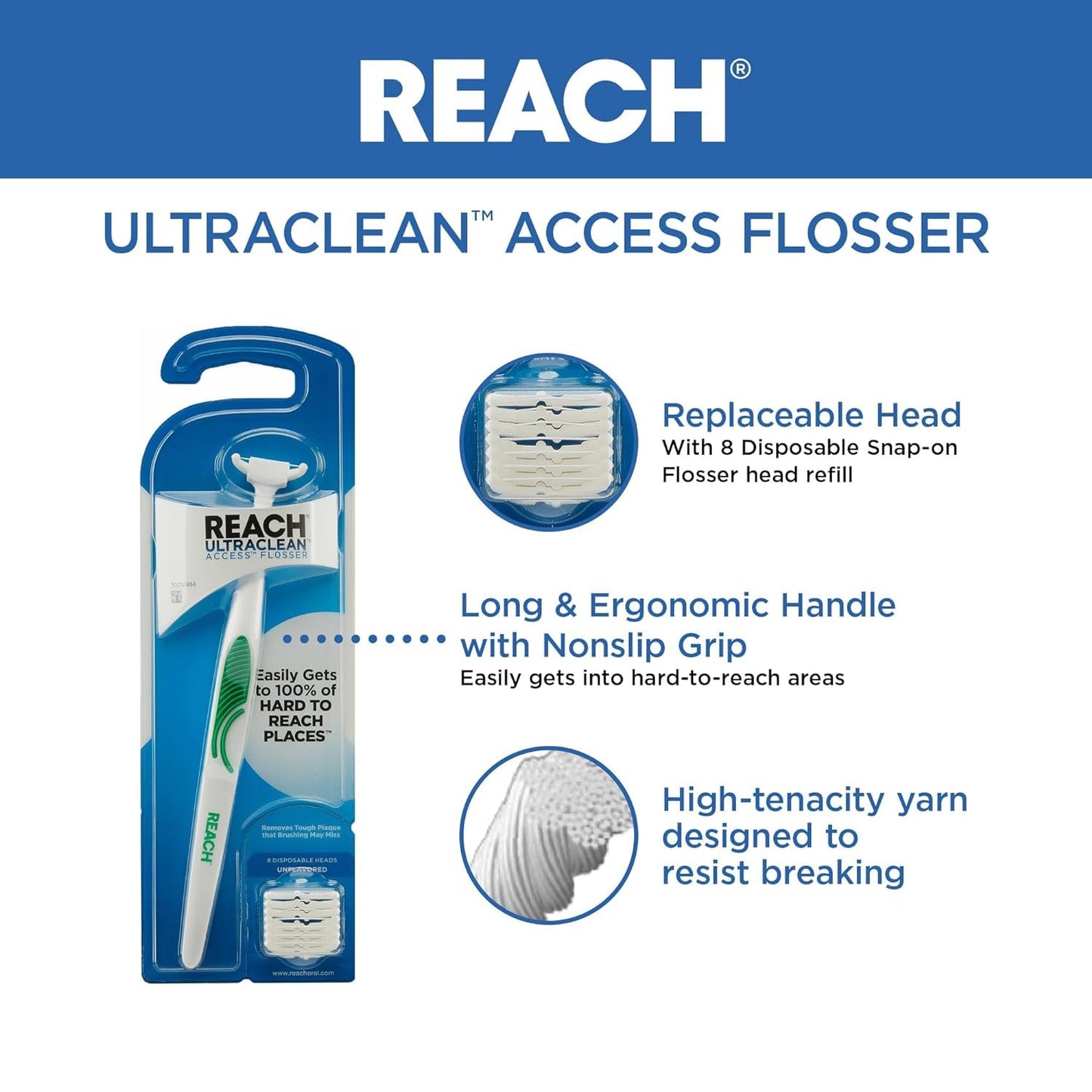 REACH Ultraclean Access Flosser + 8 Refill Heads (Pack of 2) โ Oral Care