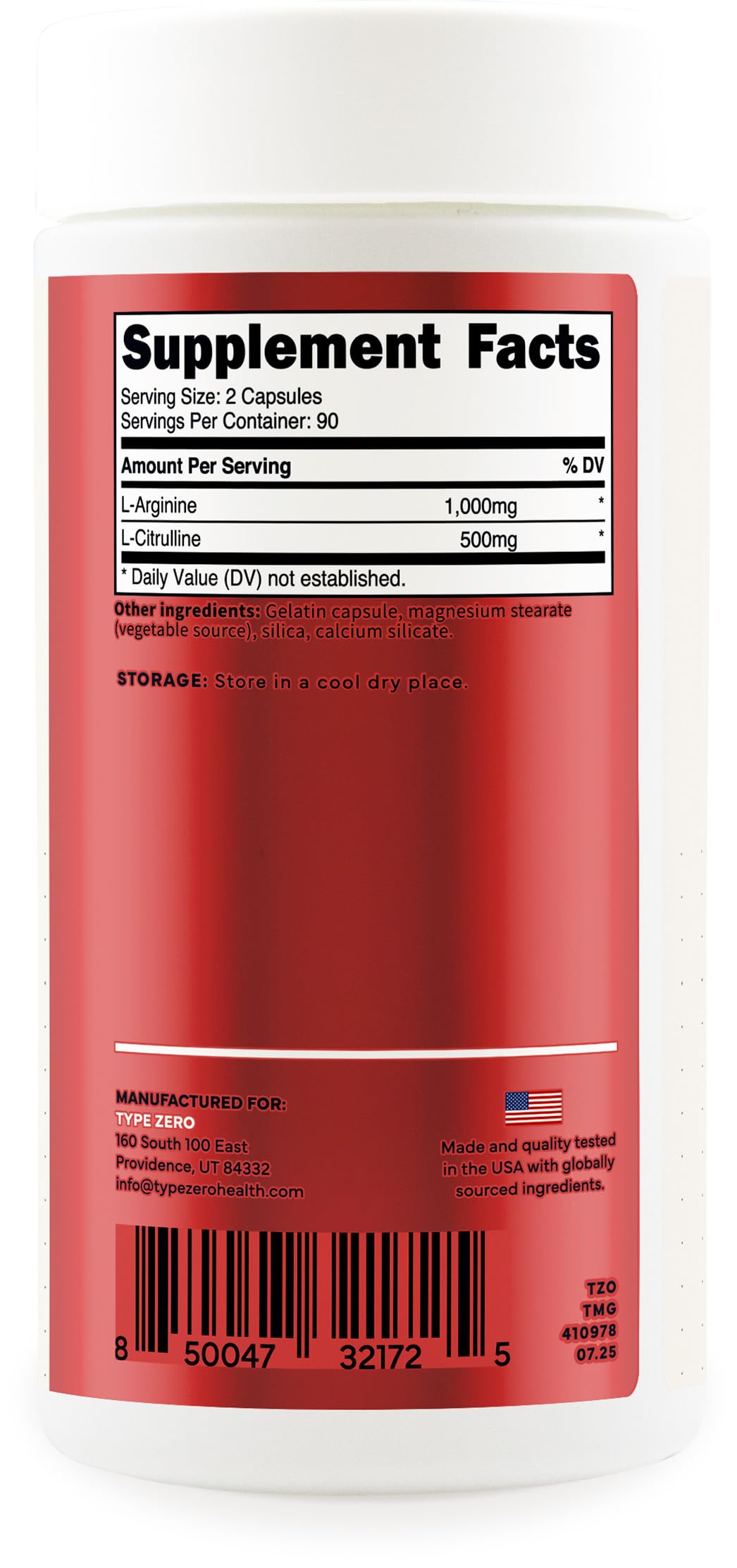 Type Zero L-Arginine + L-Citrulline Supplement (1500mg) โ Nitric Oxide Booster | 180 Capsules, 90 Servings