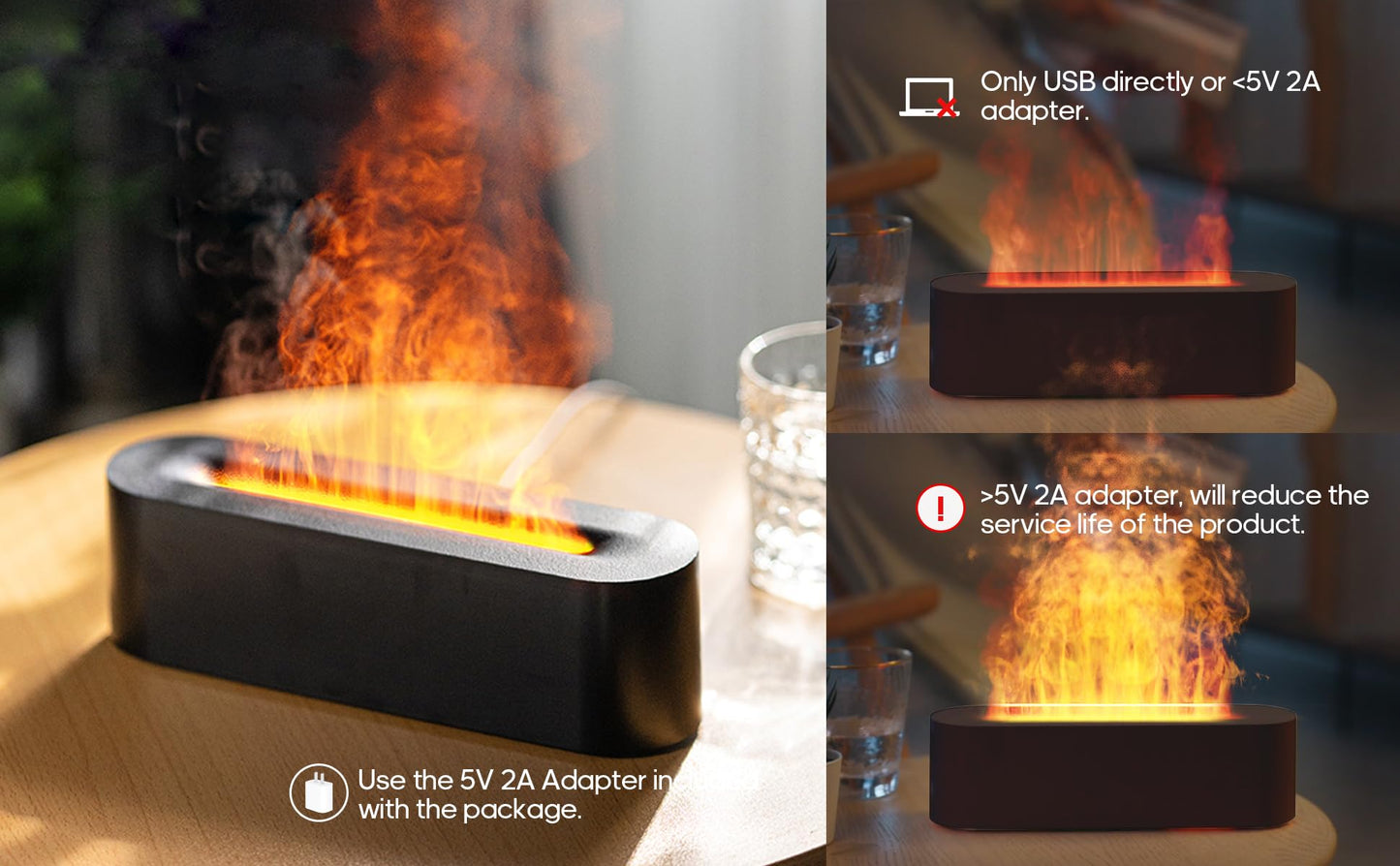 Essential Oil Diffuser Flame Black โ Colorful Water Vapor Humidifier for Aromatherapy