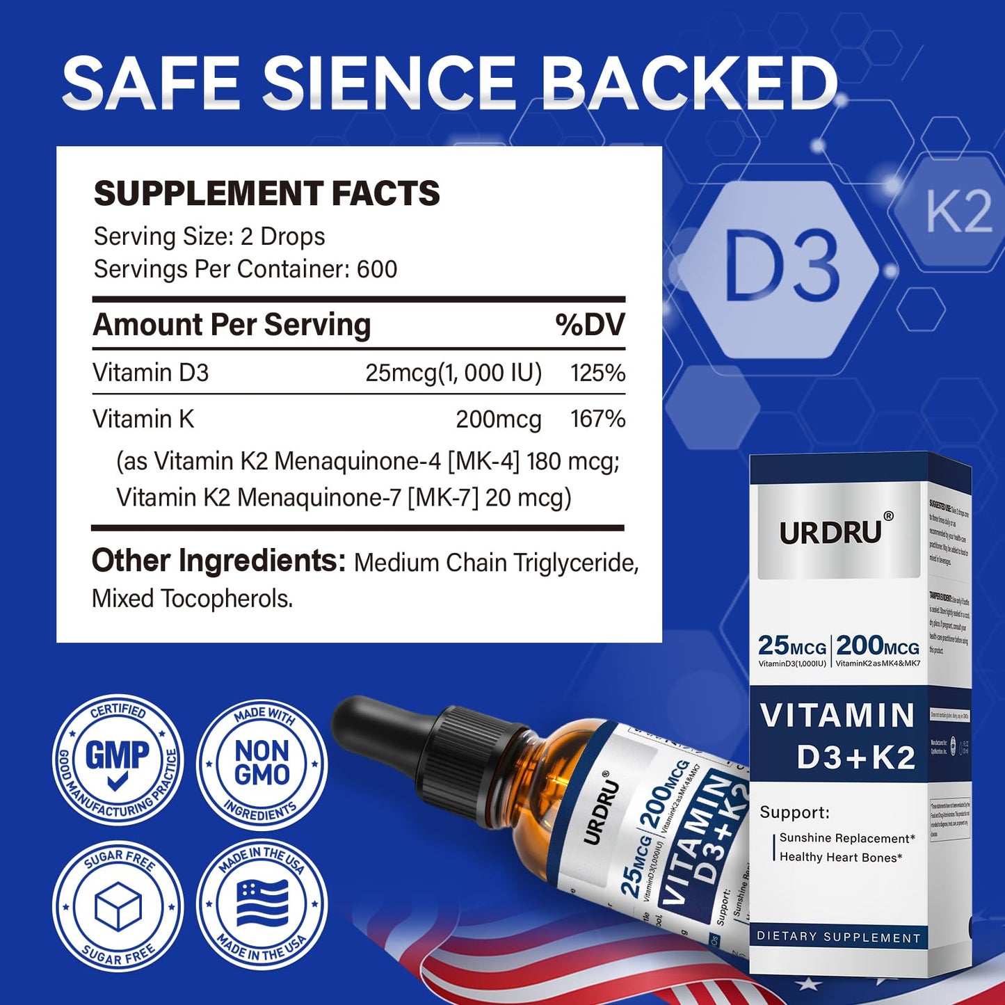 URDRU (2 Pack) Vitamin D3 K2 Liquid Drops โ 2 Fl Oz | 1,000 IU D3 & 200 mcg K2 for Immune & Bone Health