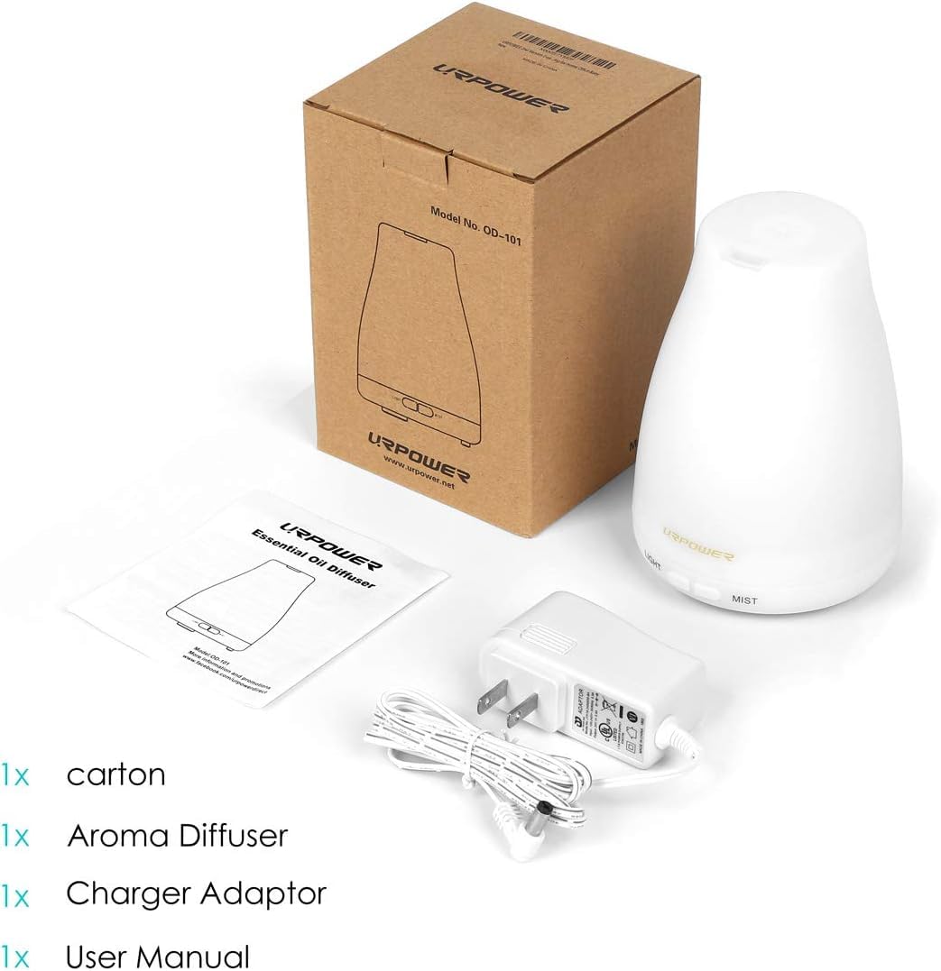 URPOWER 2nd Version Essential Oil Diffuser โ 7 Color LED Lights, Auto Shut-Off, White