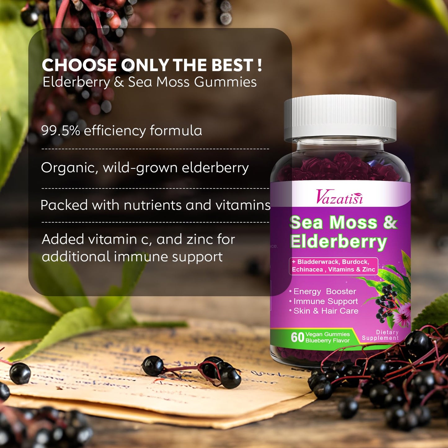 2 Pack Elderberry Gummies with Sea Moss โ Extra Strength Immune Support, Vitamin C & Zinc, Blueberry Flavor, 120 Count