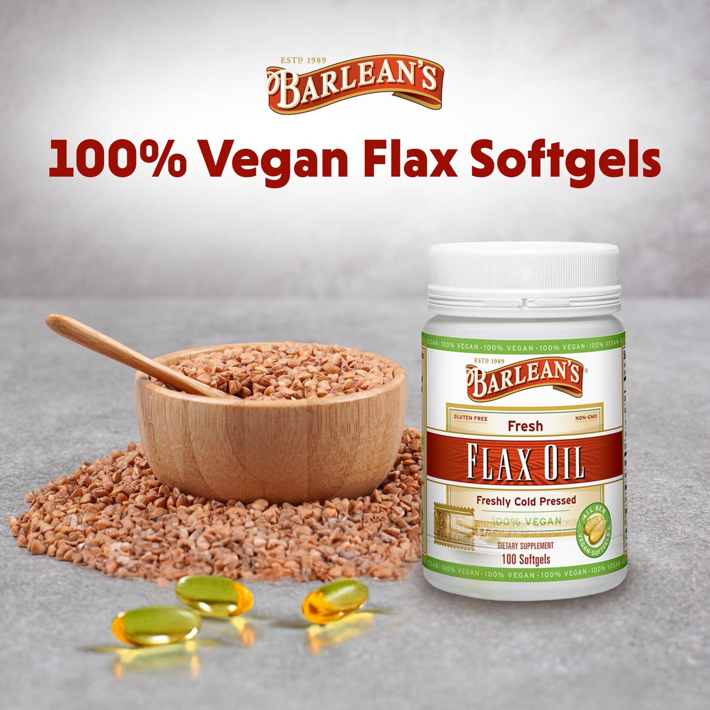 Barlean's Vegan Flaxseed Oil Softgels โ 1650 mg ALA, Cold-Pressed, 100 Count