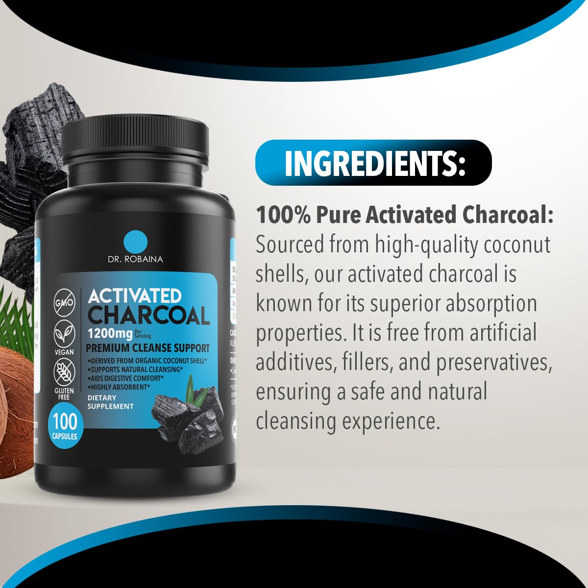 Dr. Robaina Activated Charcoal 1200 mg β Coconut-Shell Charcoal for Gas & Bloating Relief | Vegan, Non-GMO, USA Made