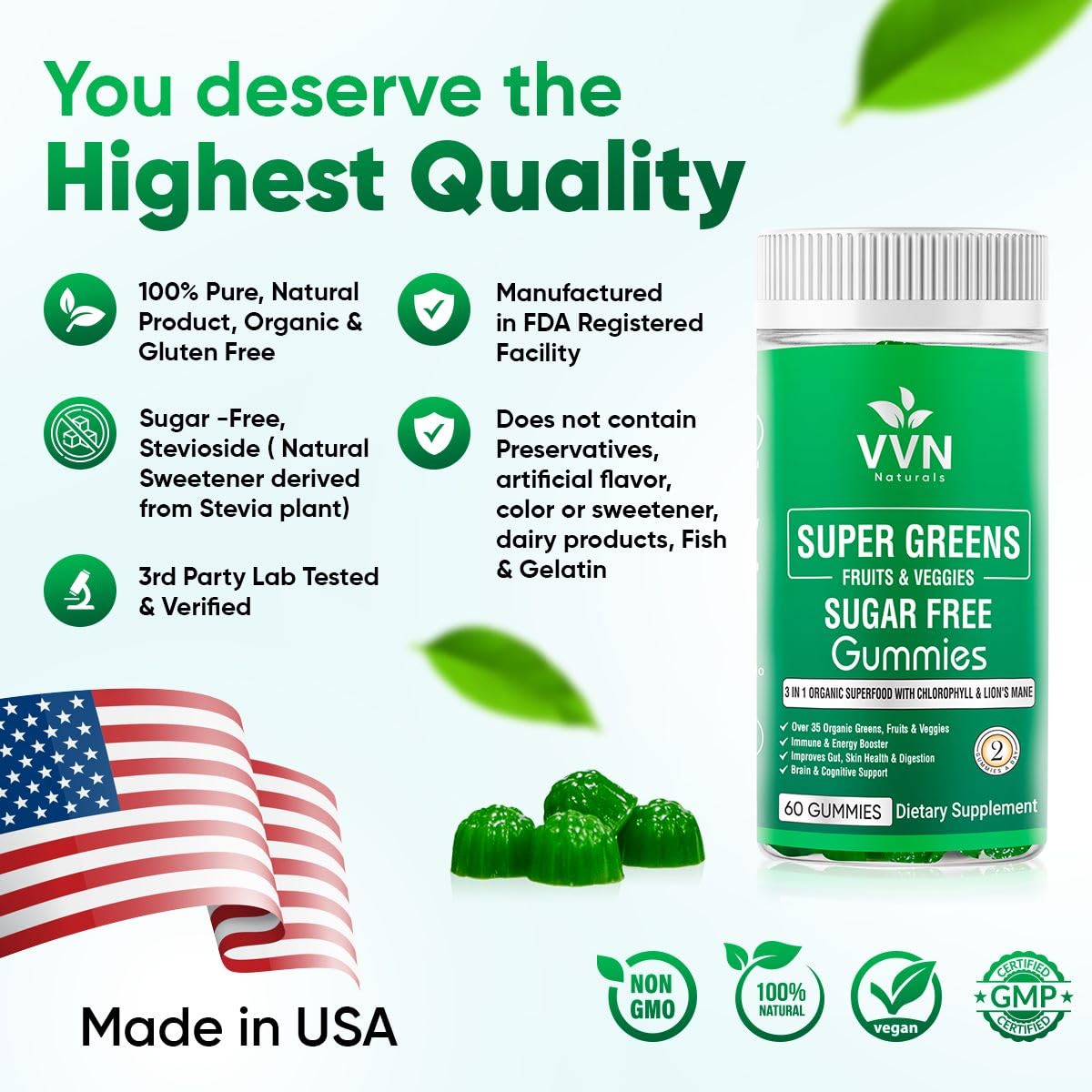 Sugar-Free Real Organic Fruits, Super Greens and Veggies Gummies | 35+ Nutritious & Healthy Greens, Fruits, and Vegetables for Improved Immunity, Skin Health & Energy Boost|60 Vegan Gummies
