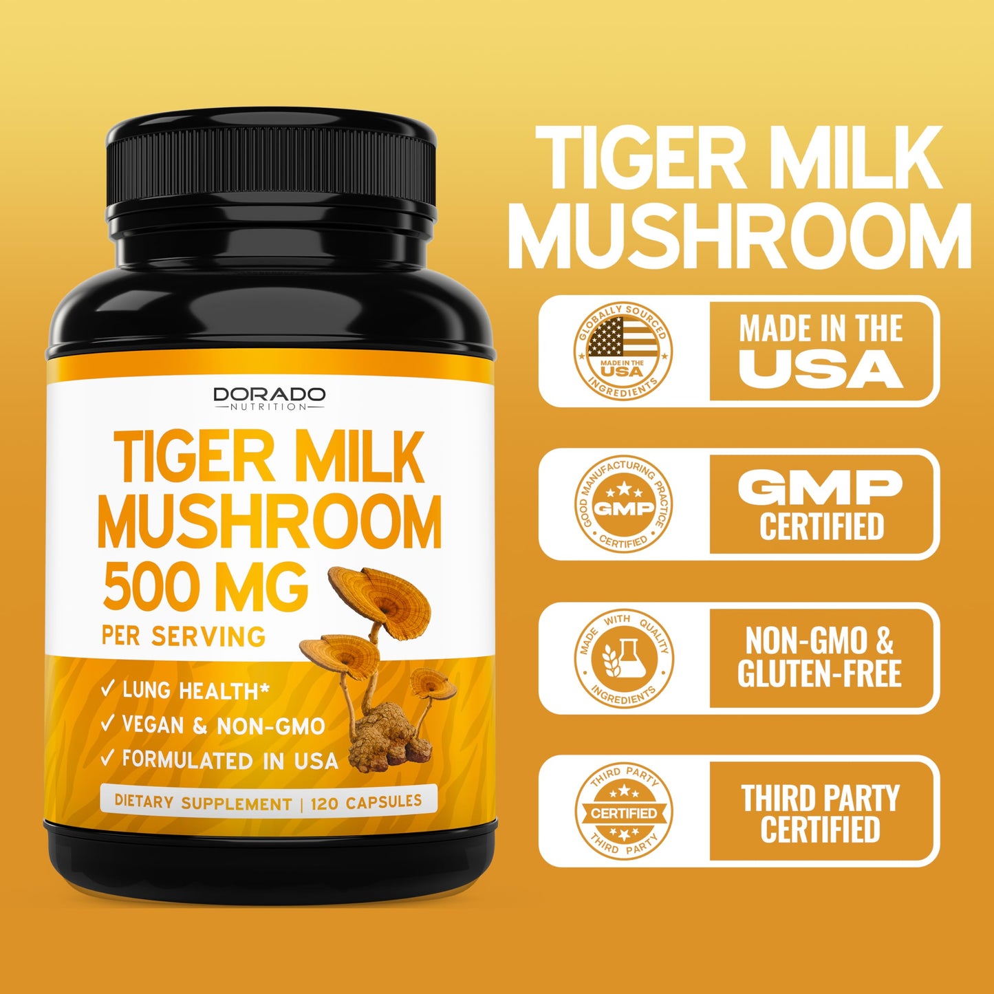Tiger Milk Mushroom Supplement (120 Capsules, 500 mg per Serving) โ Immune & Lung Support | USA Made