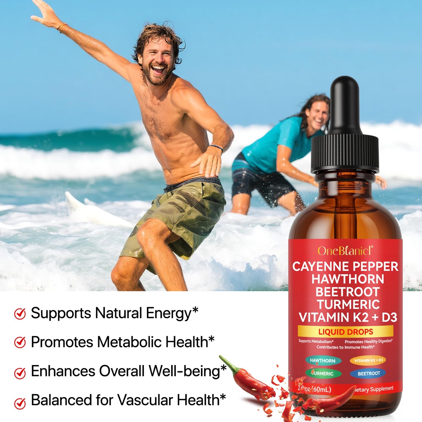 Cayenne Pepper Drops with Hawthorn, Beet Root, Turmeric, Vitamin K2 & D3 โ 2 Pack (Liquid Supplement)