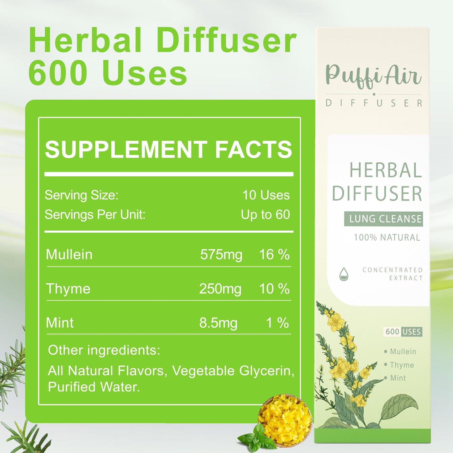 Herbal Diffuser Pen with Mullein, Thyme & Mint Extracts โ 600 Uses | Clear Breathing & Refreshment