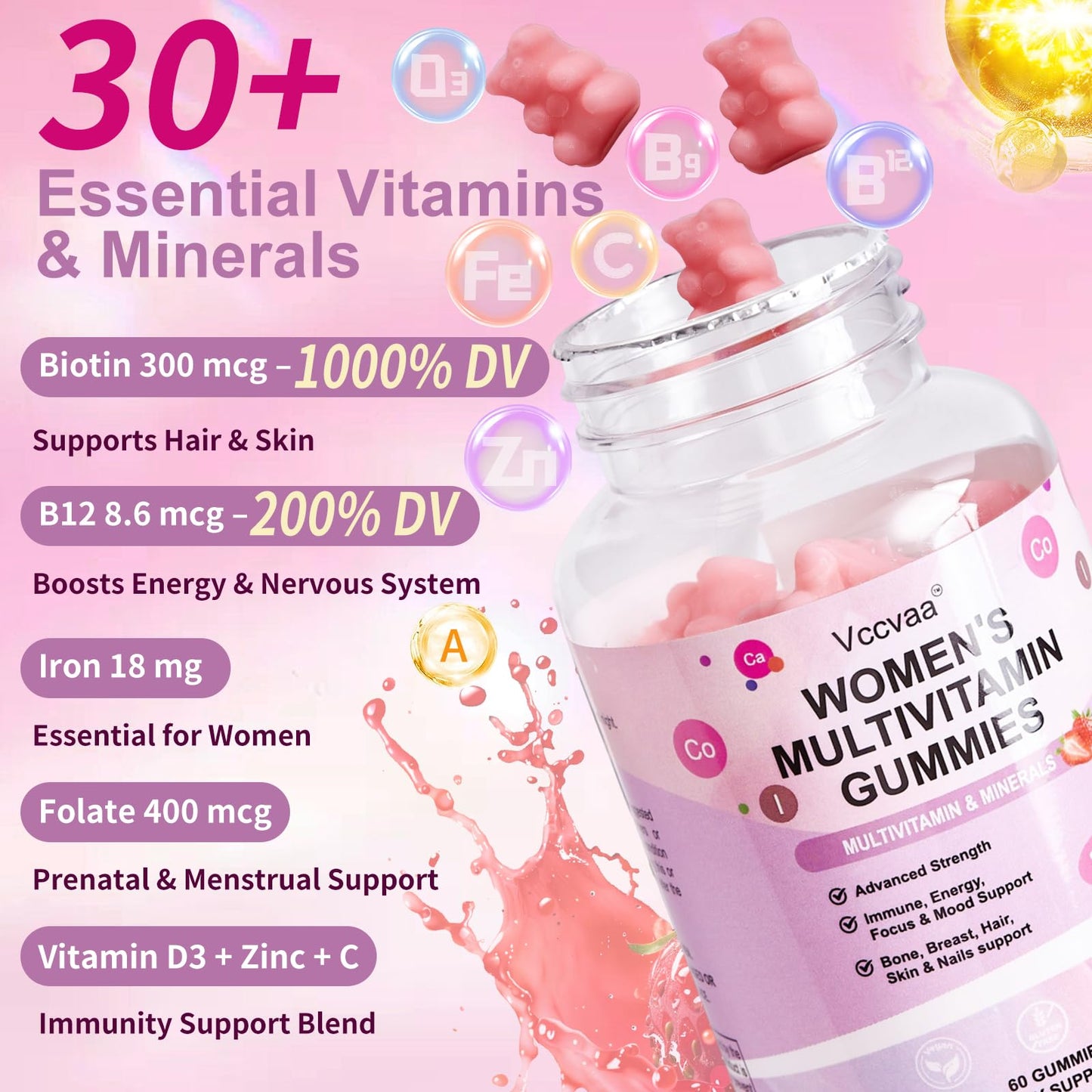 Vccvaa Sugar Free Multivitamin Gummies for Women 14+ โ Iron, Folate, 20+ Nutrients | Vegan