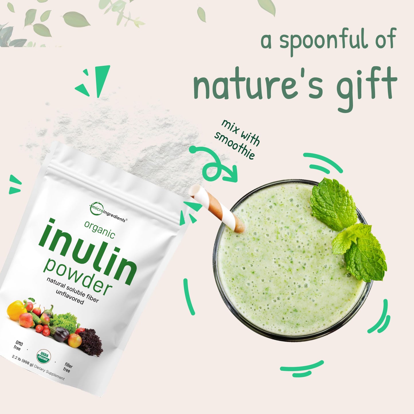 Micro Ingredients Organic Inulin FOS Fiber Powder 2.2 lb | Water-Soluble Prebiotic