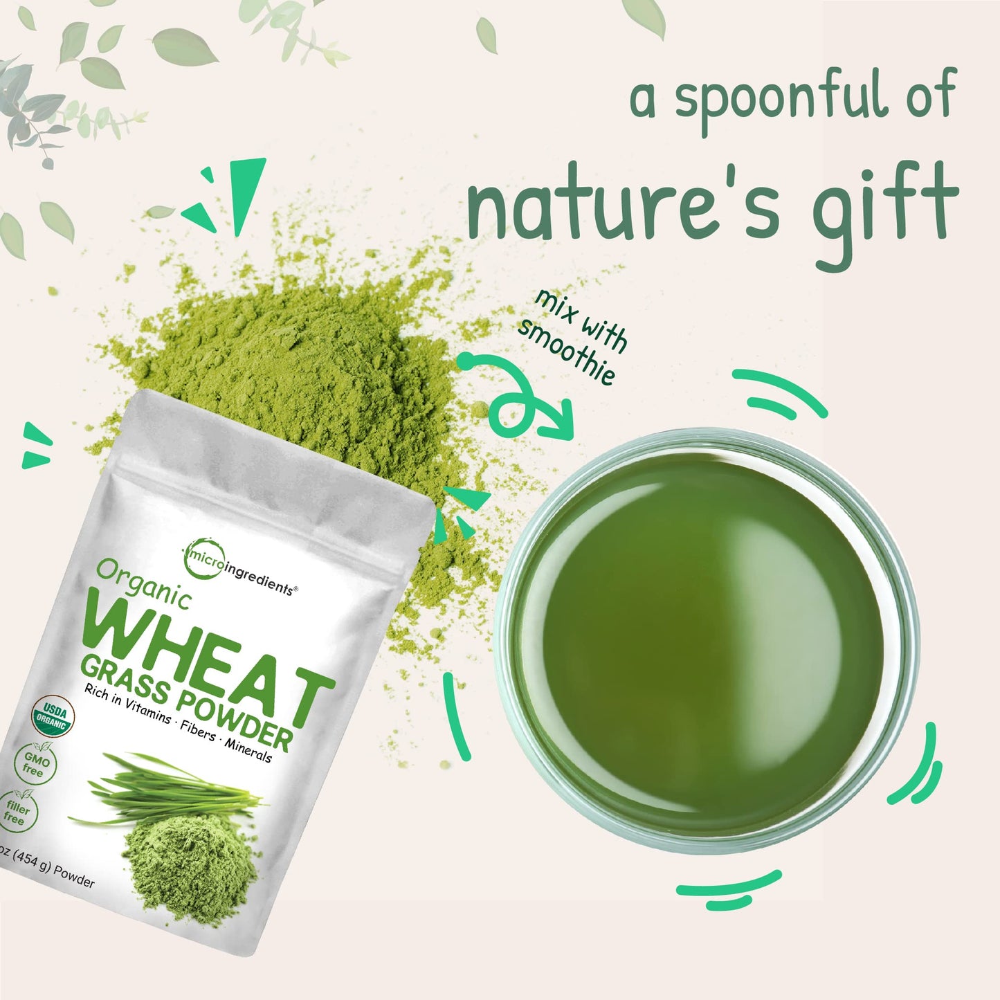 Micro Ingredients Organic Wheat Grass Powder β 16 oz, US Grown, 100% Whole-Leaf, Vegan