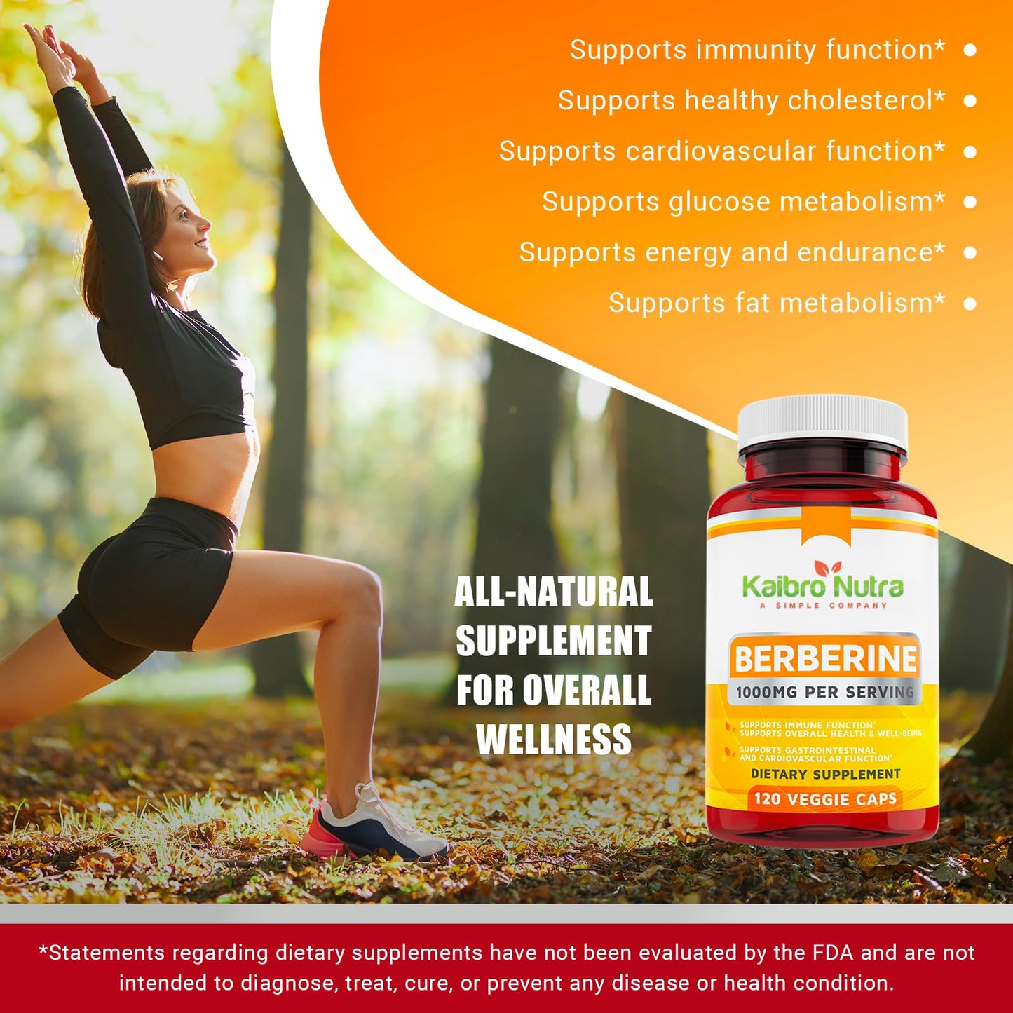 Kaibro Nutra Berberine 1000mg Supplement โ Immune, Glucose & Circulatory Health | Vegan & Gluten-Free, 120 Capsules