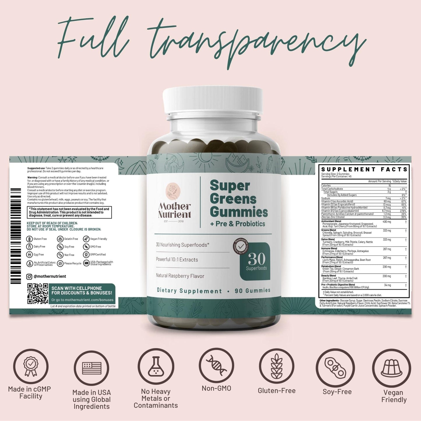 Mother Nutrient Super Greens Gummies โ Women & Adults, 30 Superfoods, 90 Gummies