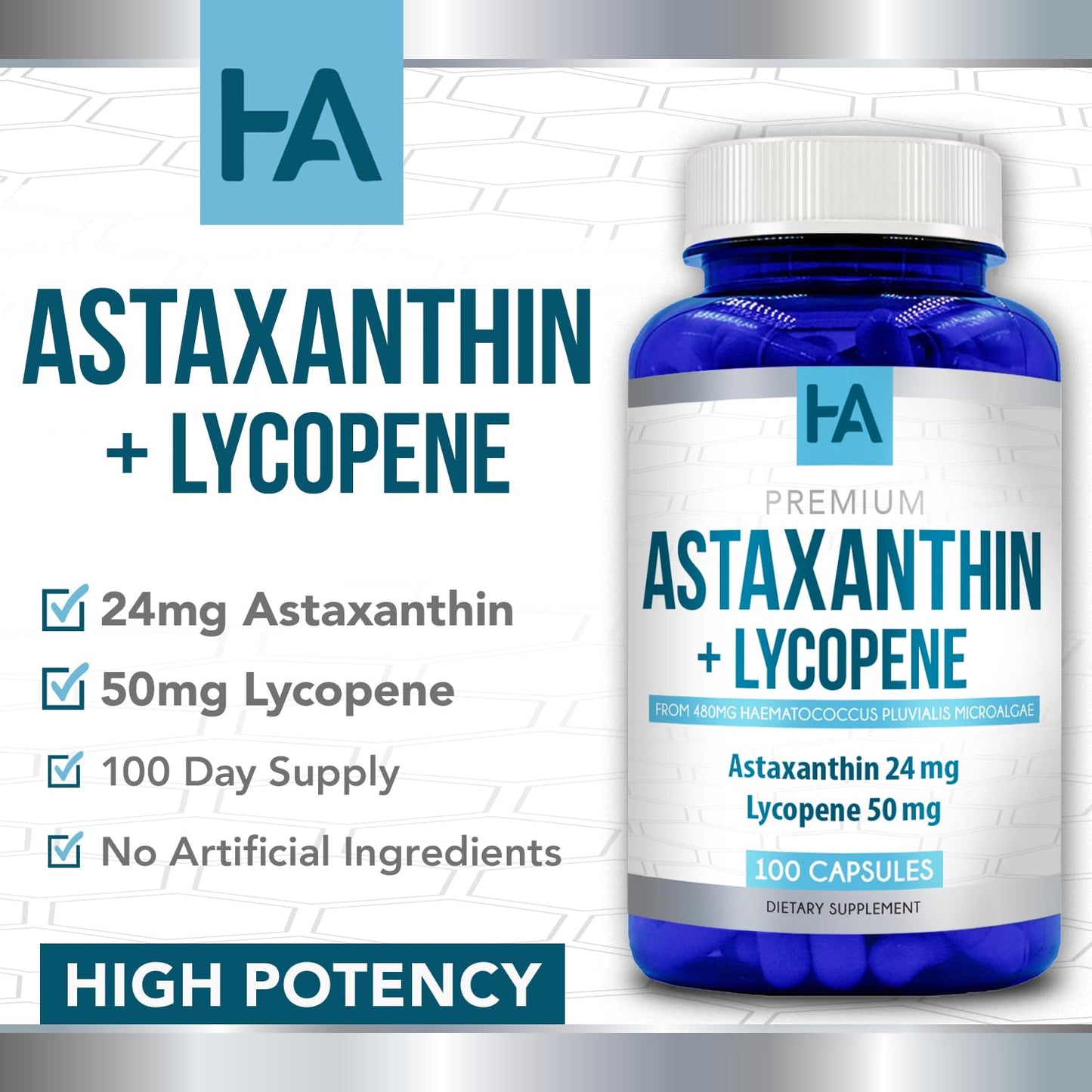 Astaxanthin & Lycopene Supplement β 50mg Lycopene, 24mg Astaxanthin | Vegan, Non-GMO (100 Veggie Capsules)