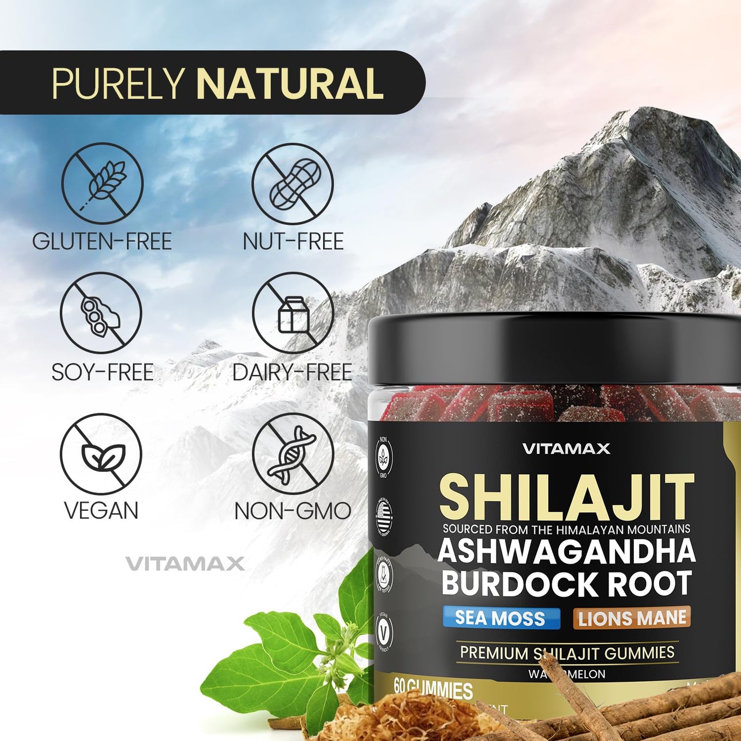 Organic Shilajit Gummies with Sea Moss & Ashwagandha – Watermelon Flavor, 60ct – Vegan, Non-GMO, Made in USA