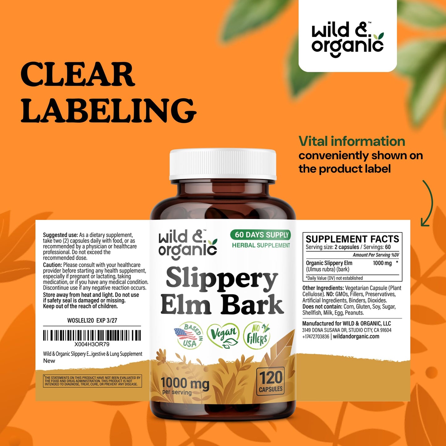 Wild & Organic Slippery Elm Bark Capsules 1000 mg โ 120 Count | Digestive, Lung & Women's Support | Vegan, Non-GMO