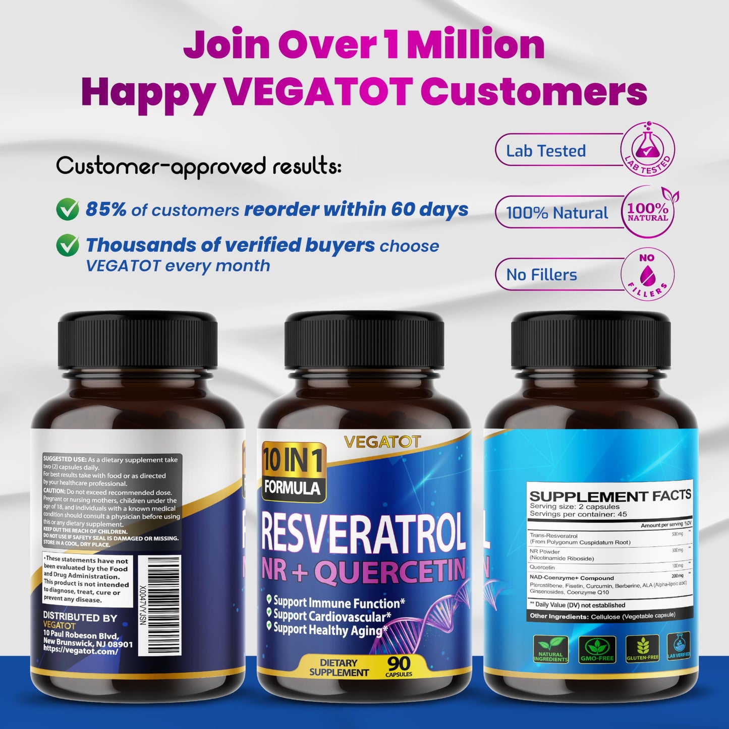 VEGATOT 10 in 1 Resveratrol with Quercetin โ Immune, Brain & Joint Support (90 Count)