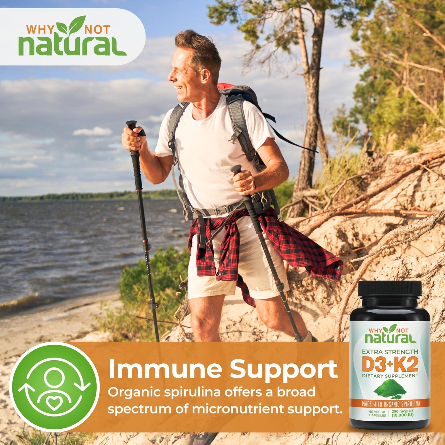 Vitamin D3 K2 (MK-7) with Organic Spirulina β 10,000 IU Veggie Capsules for Bone Health & Immunity