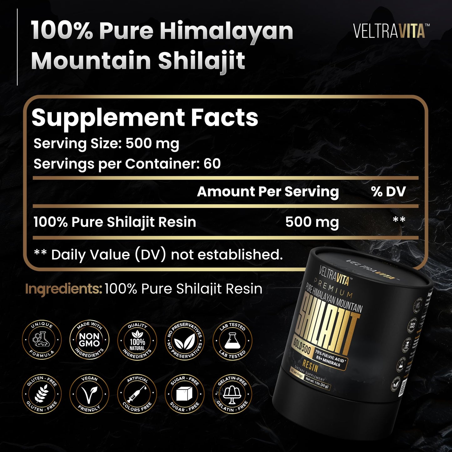 VELTRAVITA Himalayan Shilajit Resin Gold β High Potency, 85+ Trace Minerals, Lab Tested