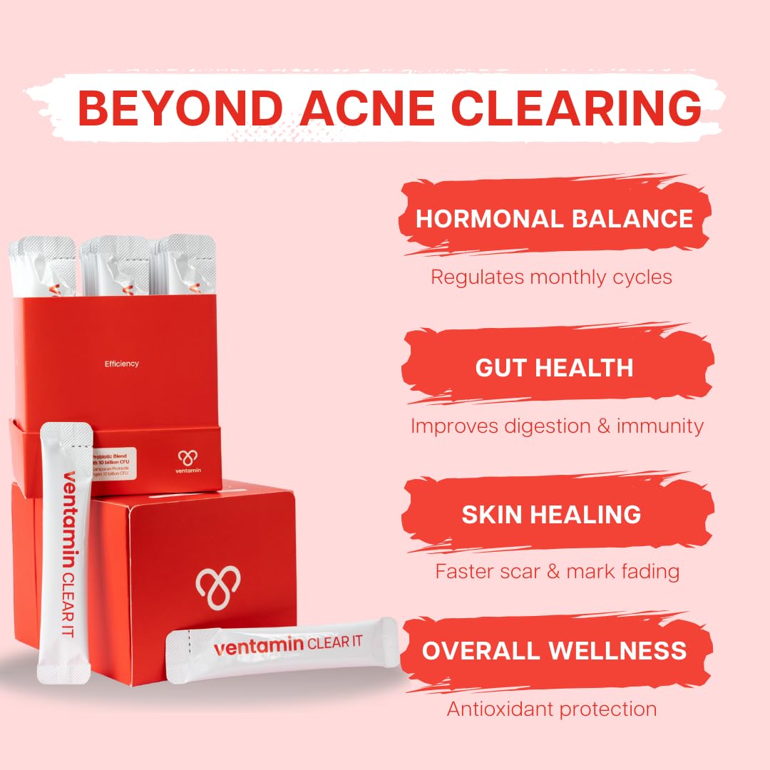 Ventamin Clear It Acne Supplement โ Skin Detox with Probiotics, Zinc, Magnesium + 20 Actives (30 Sachets per Box)
