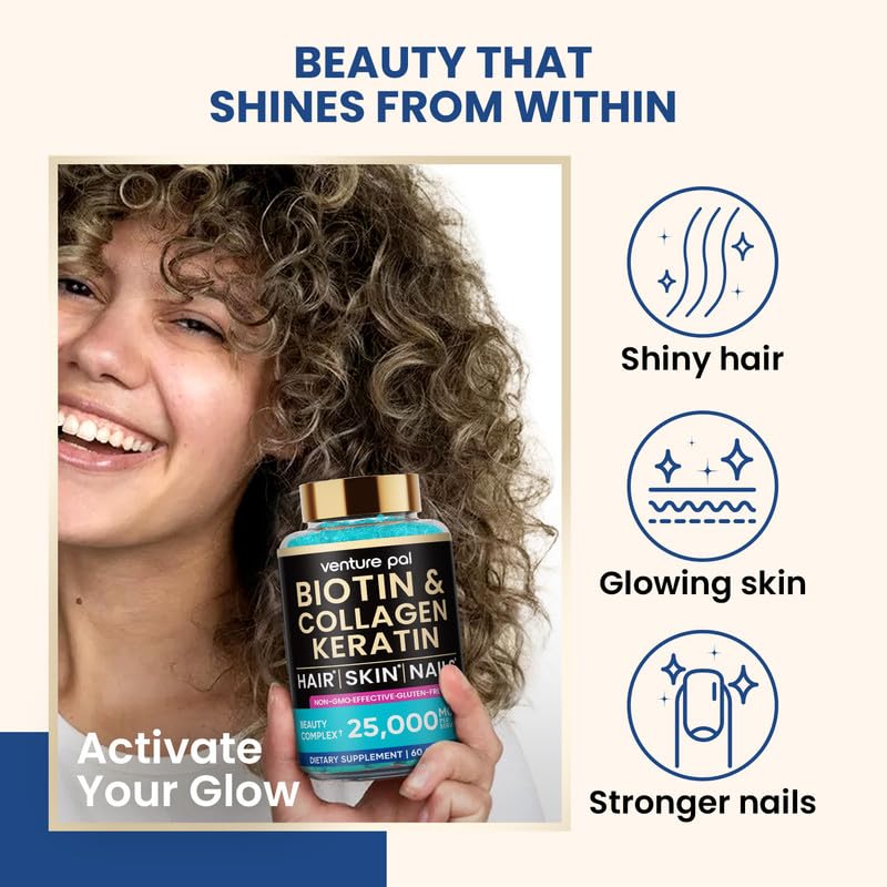 Venture Pal Biotin Gummies with Collagen & Keratin โ 10,000 mcg Biotin, Hair, Skin & Nails Support, Sugar Free, Non-GMO, 60ct