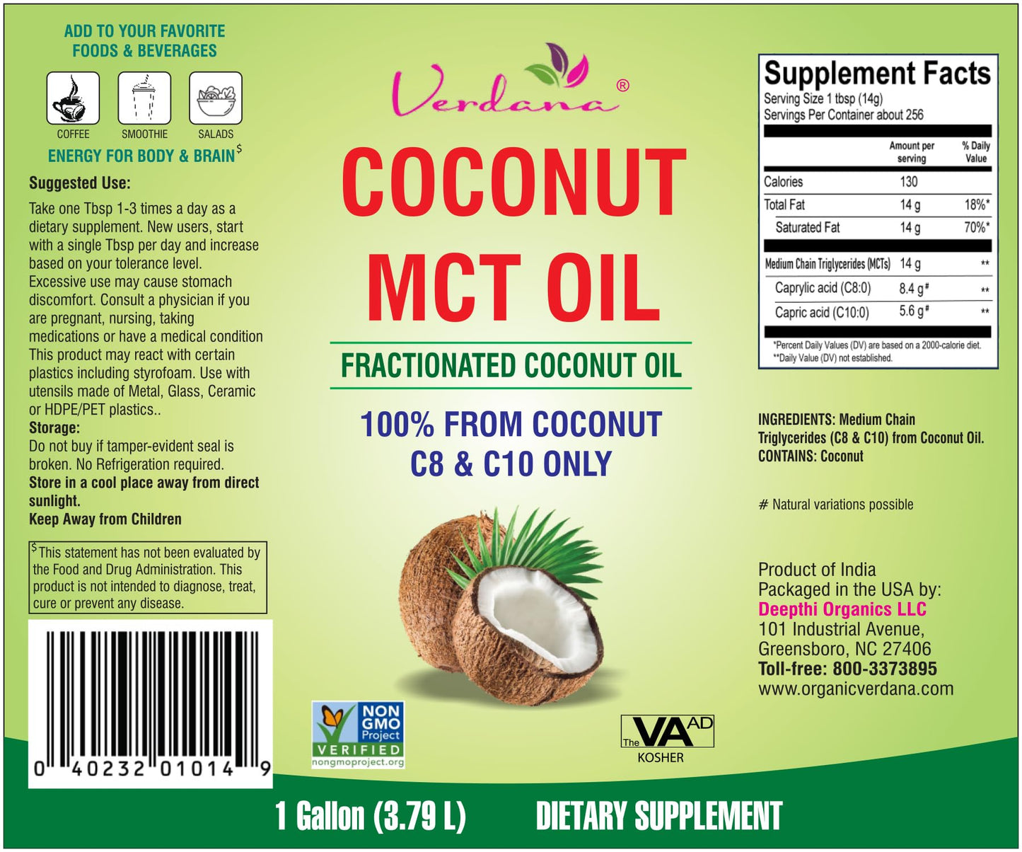 Verdana MCT Oil โ 100% Coconut-Derived, 1 Gal | Kosher, Vegan, Non-GMO