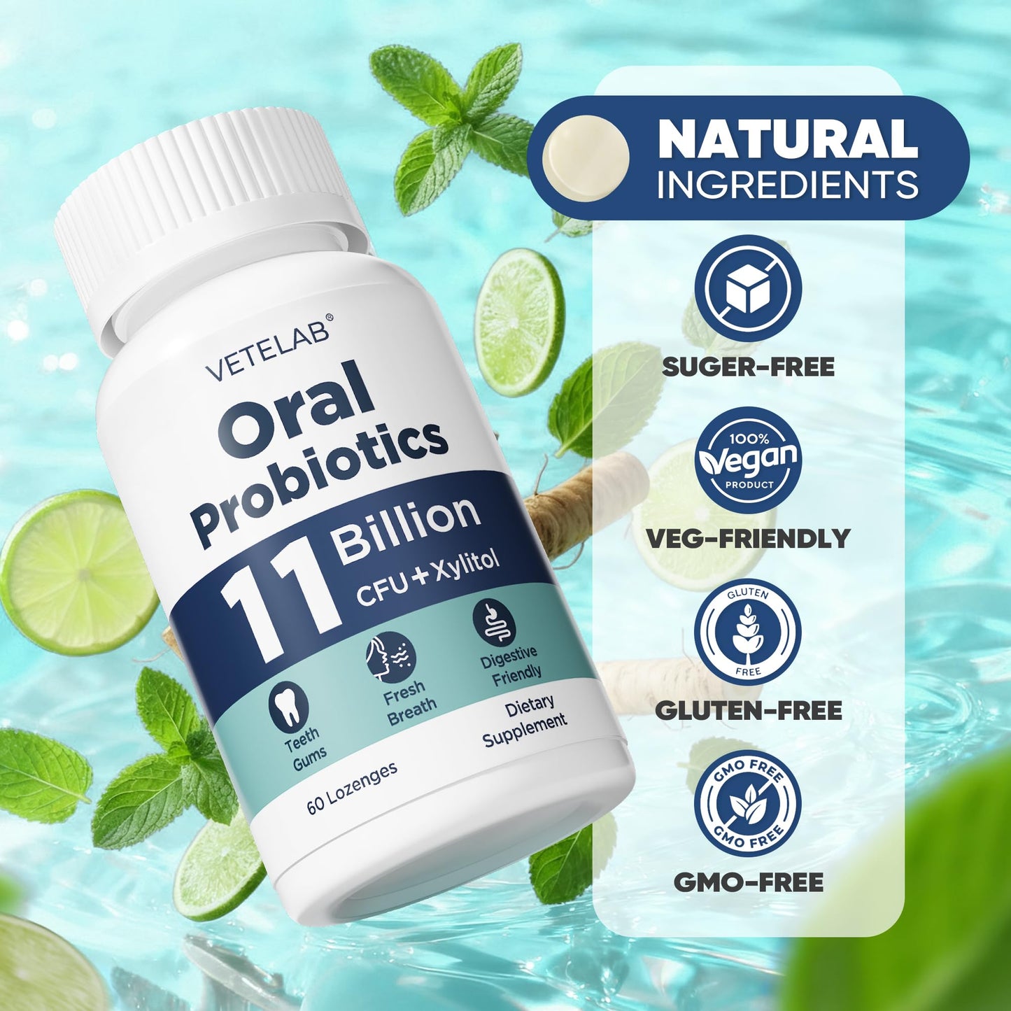 VeteLab Oral Probiotics โ 11B CFU Chewables for Fresh Breath, 60 Lozenges