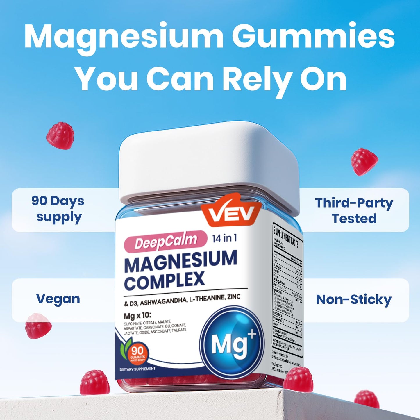 VEV Magnesium Complex DeepCalm 14-in-1 Gummies โ Vegan Glycinate with Ashwagandha, L-Theanine, Vitamin D3 & Zinc | 90 Gummies