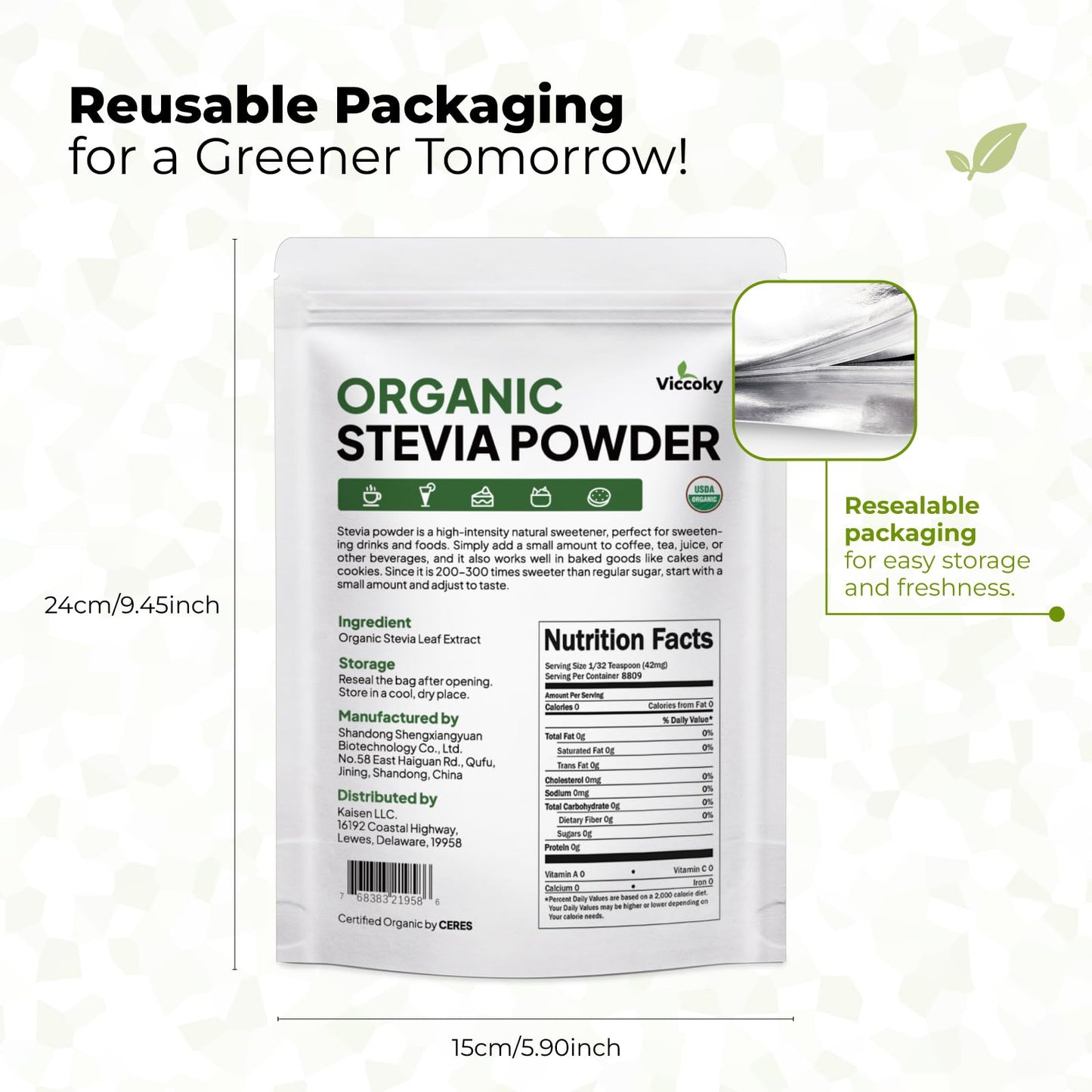 Viccoky Organic Stevia Extract Powder 13oz (370g) | Pure | Sugar-Free | 0 Calories | No Additives | Dissolves Easily | Super Sweet Sugar Substitute | Natural Sweetener