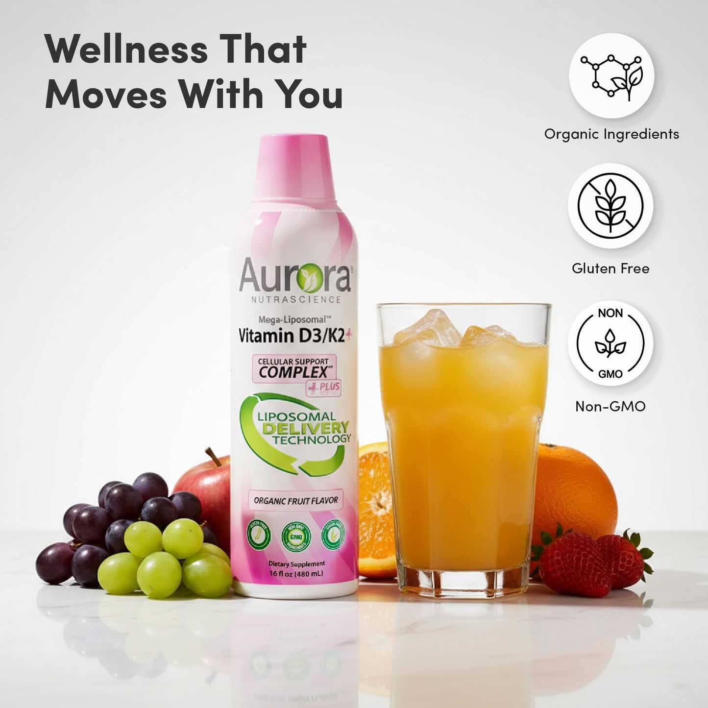 Vida Lifescience Aurora Mega-Liposomal D3/K2+ with Vitamin C โ Organic, Strawberry Flavor