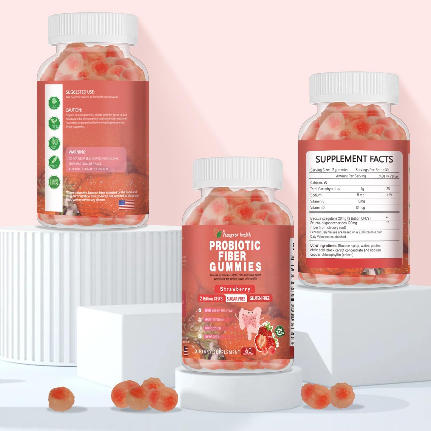 Vikaywoo Probiotic Fiber Gummies for Adults โ No Sugar Added, Strawberry, 2 Billion CFUs (60 Count)
