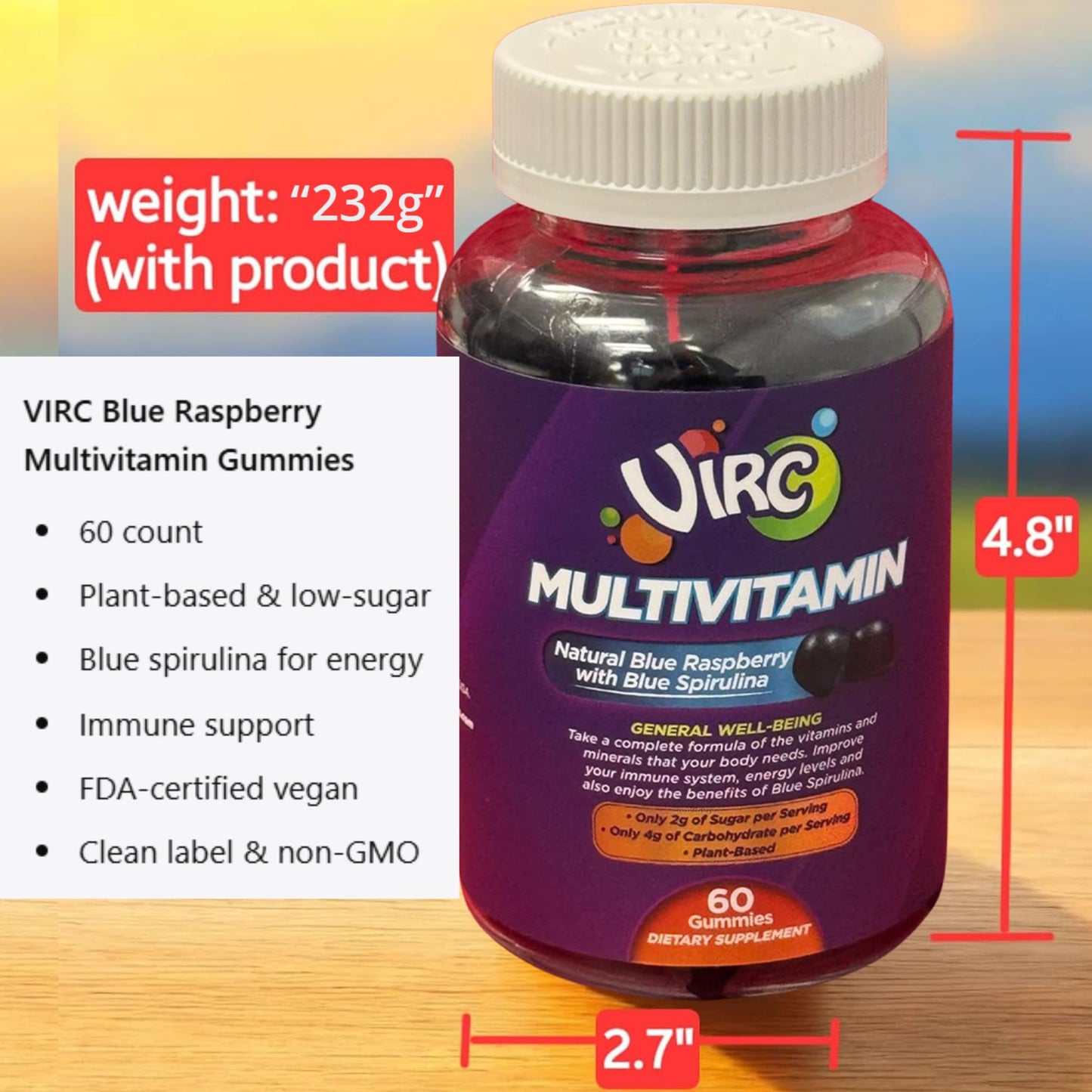 VIRC Blue Raspberry Multivitamin Gummies โ Plant-Based, Low-Sugar Vegan Dietary Supplement (60 Gummies)
