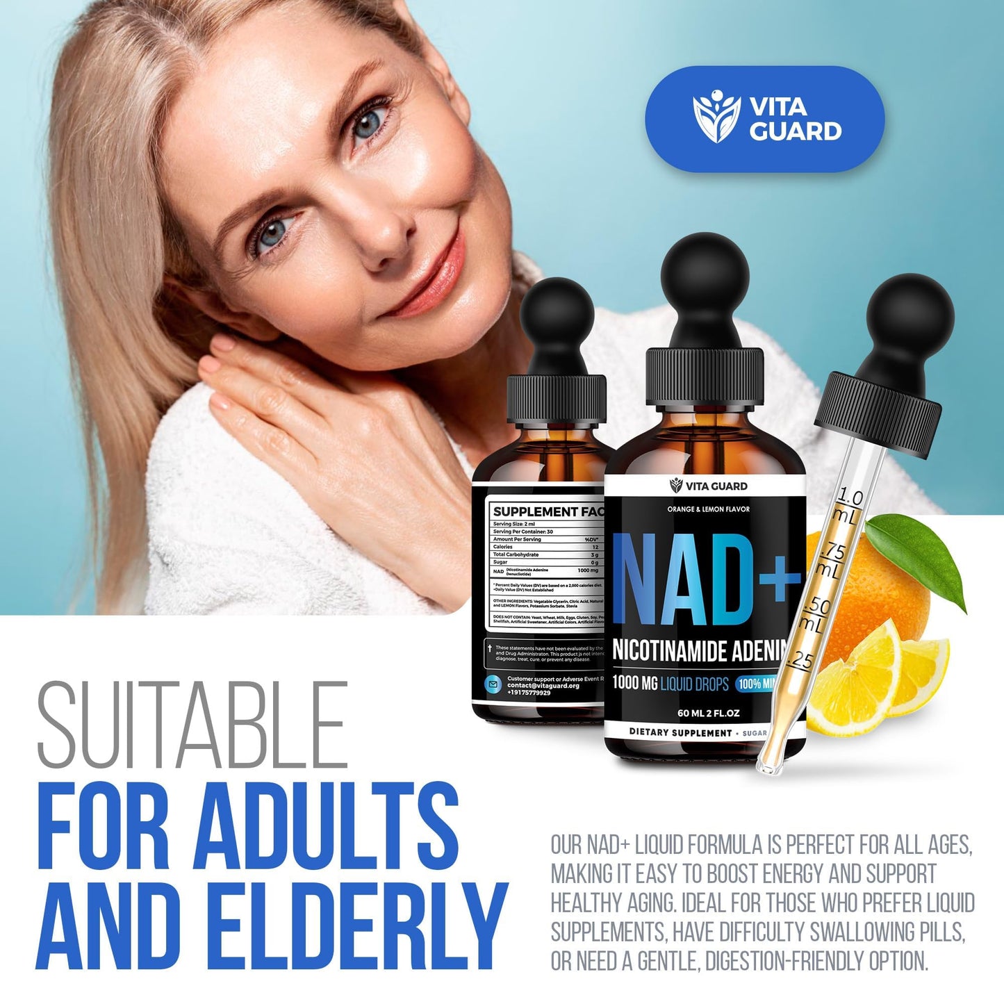 Vita Guard NAD+ Drops 1000mg โ Lemon & Orange Flavor | Vegan, Non-GMO