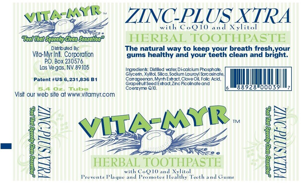 3 Pack VITA-MYR Zinc Plus Xtra Toothpaste 5.4 oz โ No Sugar, No Fluoride