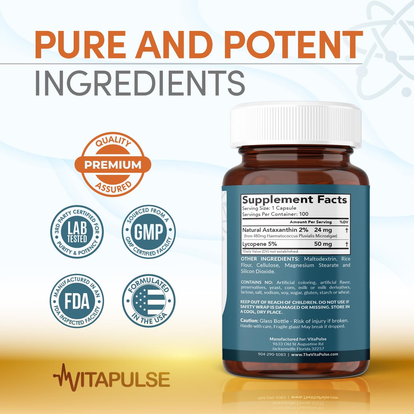 VitaPulse Astaxanthin 24mg with Lycopene 50mg โ 100 Vegetarian Capsules | Non-GMO & Gluten Free