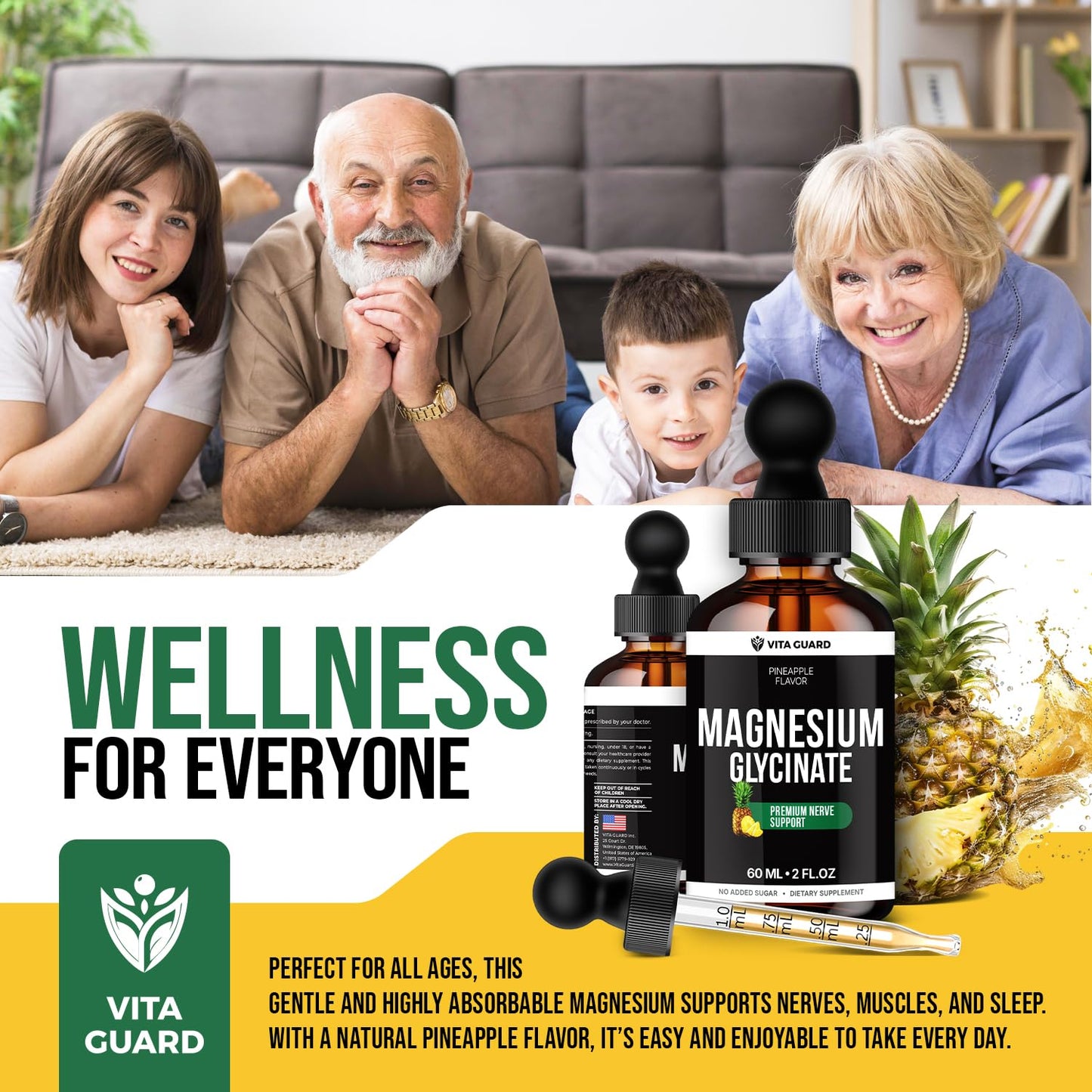 Vita Guard Magnesium Glycinate 500mg Liquid Drops โ Fast-Absorbing Mg for Sleep, Stress Relief & Muscle Cramps | Sugar-Free, Vegan