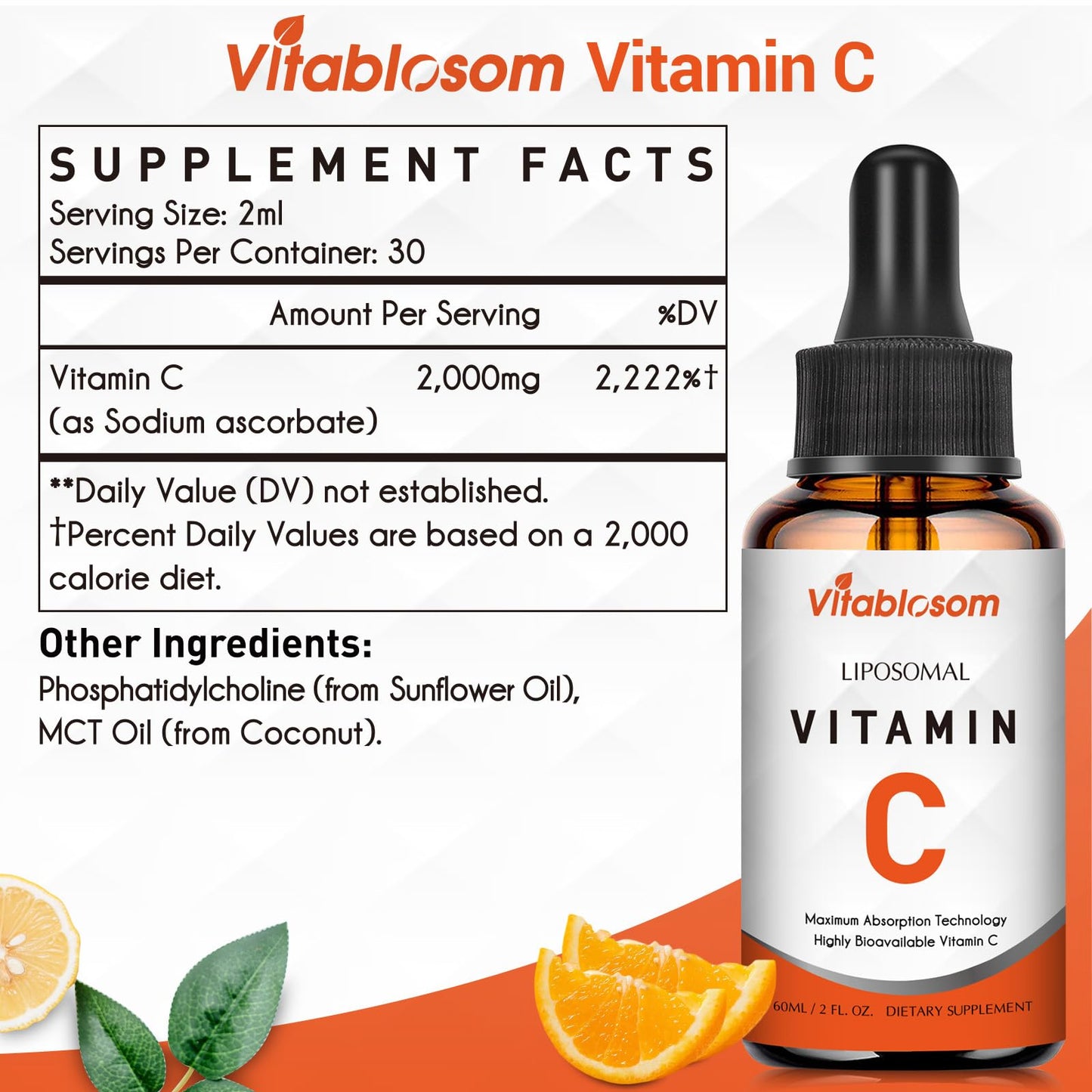 Vitablosom Liposomal Vitamin C 2000mg Liquid โ High Absorption Immune Support, 60ml Bottle