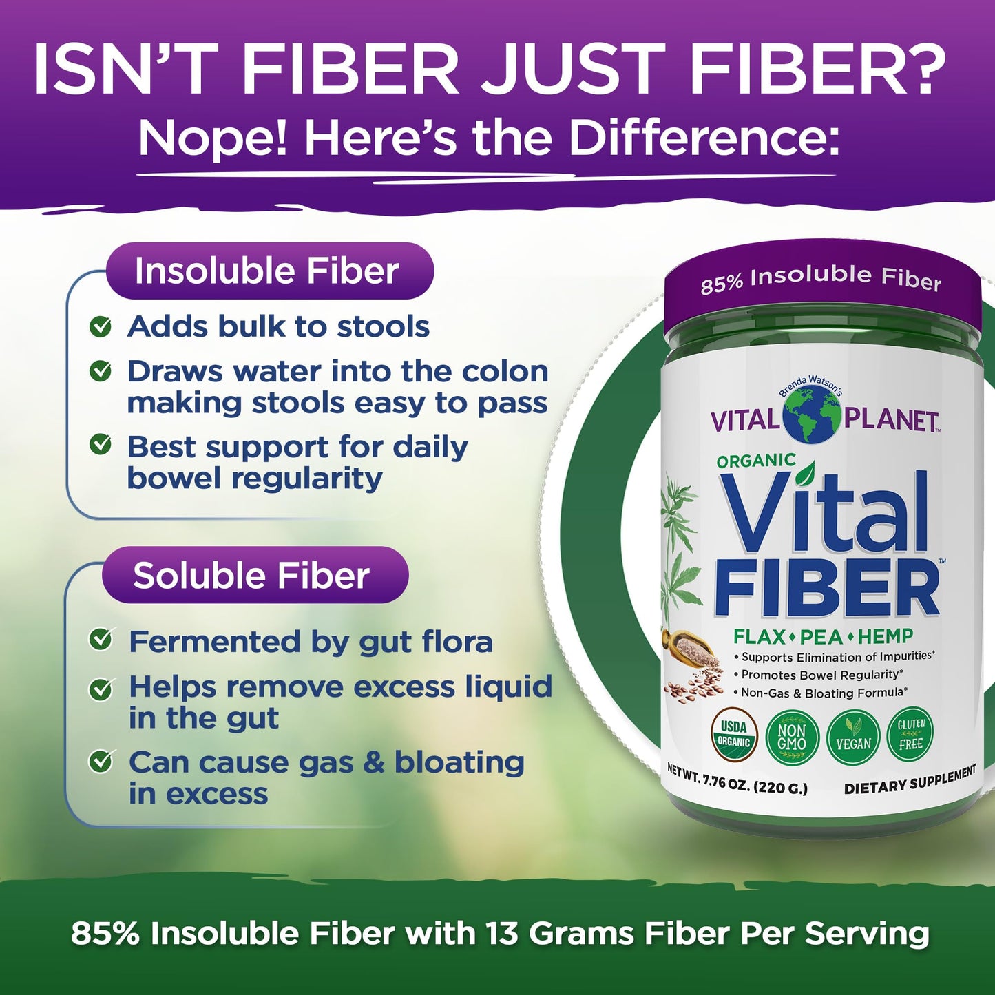 Vital Fiber Powder - Organic Insoluble & Soluble Fiber | Vital Planet 7.76 oz