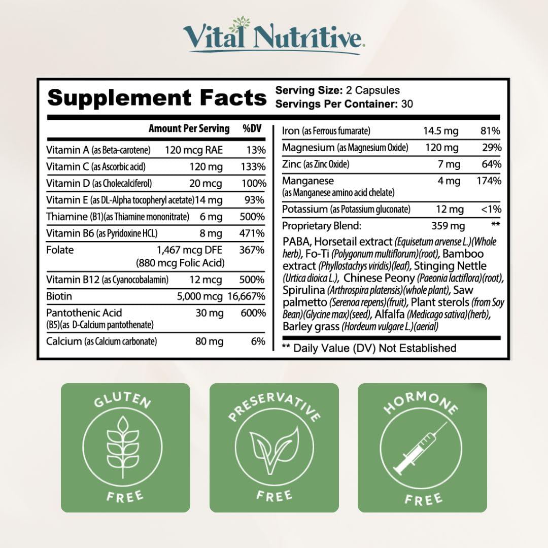 VITAL NUTRITIVE Vital Hair Complex β Biotin & Vitamin B Hair Vitamins for Women & Men (Hormone-Free, Gluten-Free)