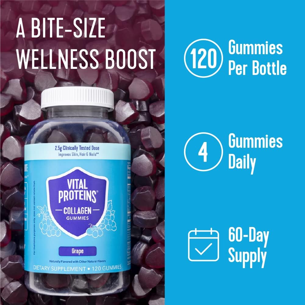 Vital Proteins Collagen Gummies โ 2.5g VERISOL, Hair, Skin & Nails, Grape, 120 ct