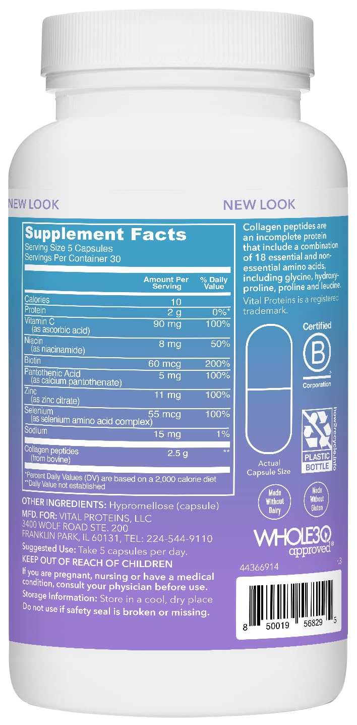 Vital Proteins Collagen Peptides Beauty Edition Capsules โ 2.5g per Serving, Biotin & Vitamin C, 30 Servings