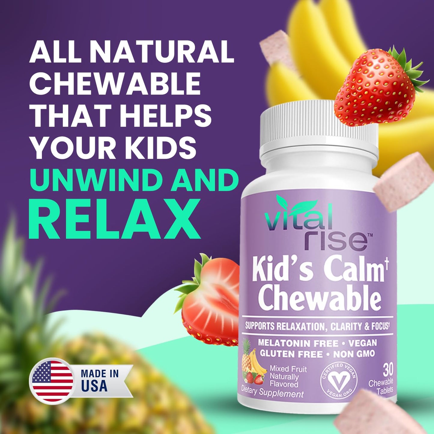 Vital Rise Kids Magnesium Chewables β Sugar-Free, Melatonin-Free Calm & Focus (30 Count)